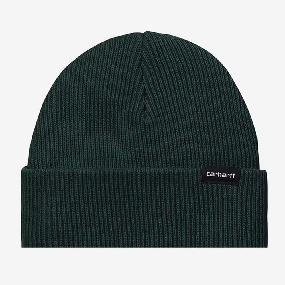 "Carhartt WIP Gordan Beanie in Dunkelgrün/Dark Fir. Gerippte Strickmütze aus 100% Polyester mit umgeschlagenem Rand und Square Label Logo-Patch."
