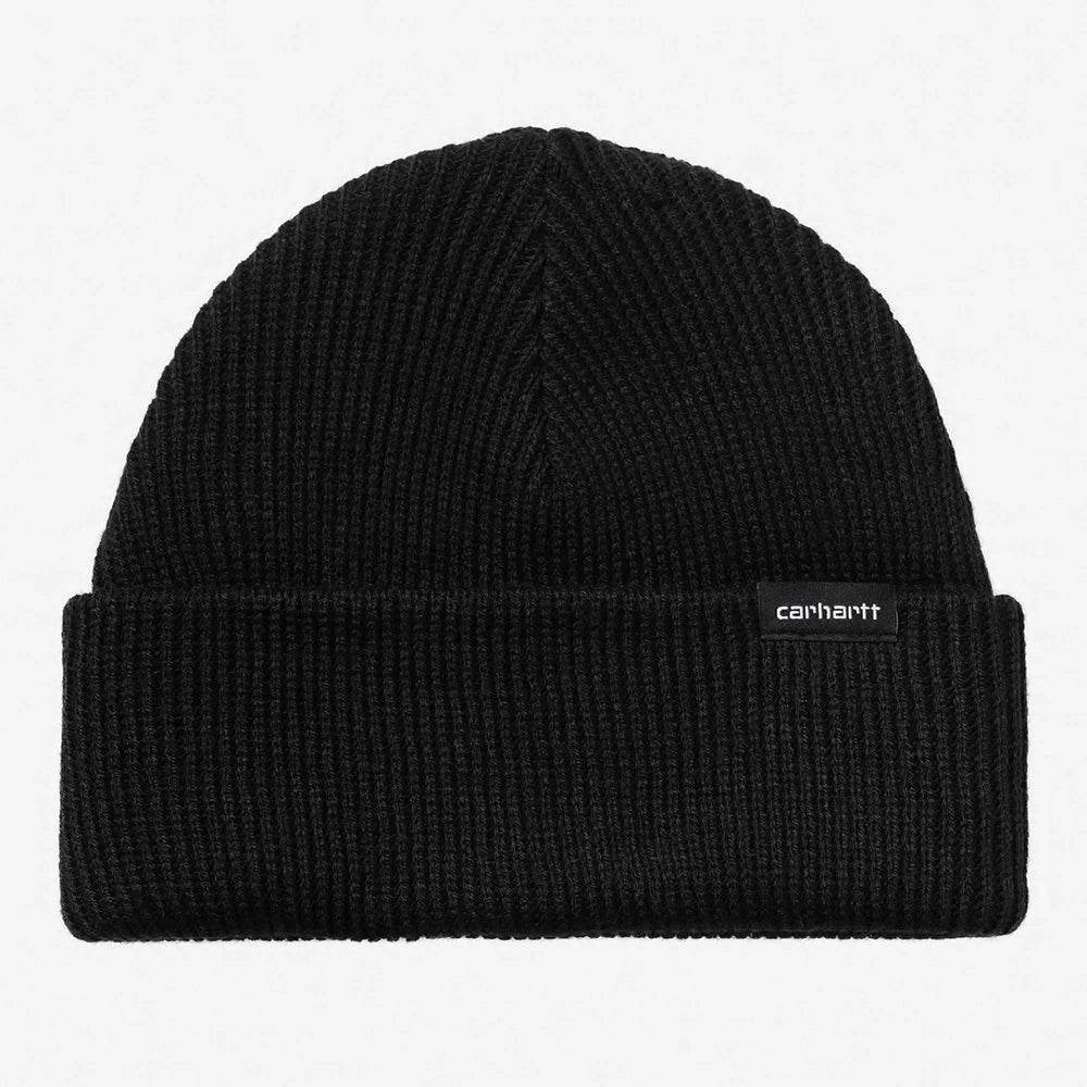“Carhartt WIP Gordan Beanie in Schwarz. Gerippte Strickmütze aus 100% Polyester mit umgeschlagenem Rand und Square Label Logo-Patch.“
