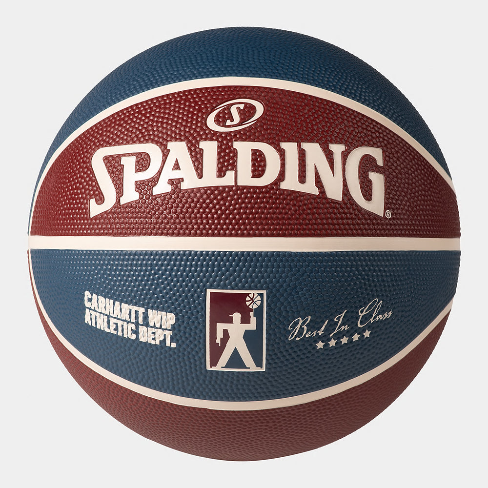 The Carhartt WIP Spalding Basketball features a textured surface in dusky blue and mulberry. It displays the white Spalding logo alongside Carhartt WIP Athletic Dept. and Best in Class, merging excellent game performance with street style flair.