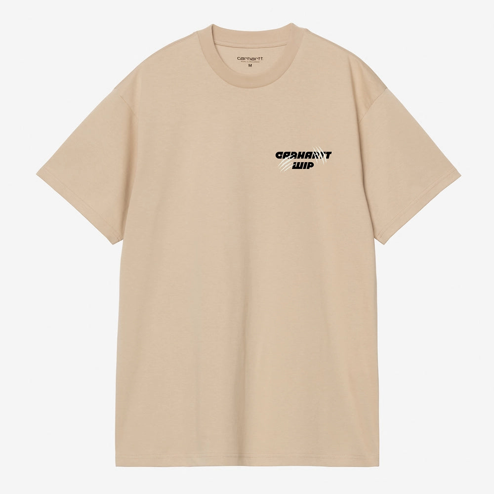 "Carhartt WIP S/S Wiptopia T-Shirt – Wall. Hellbraunes T-Shirt aus Bio-Baumwoll-Jersey, mit Rundhals und schwarzem, grafischem Carhartt WIP "Wiptopia" Print auf der Brust und großen Print auf dem Rücken."