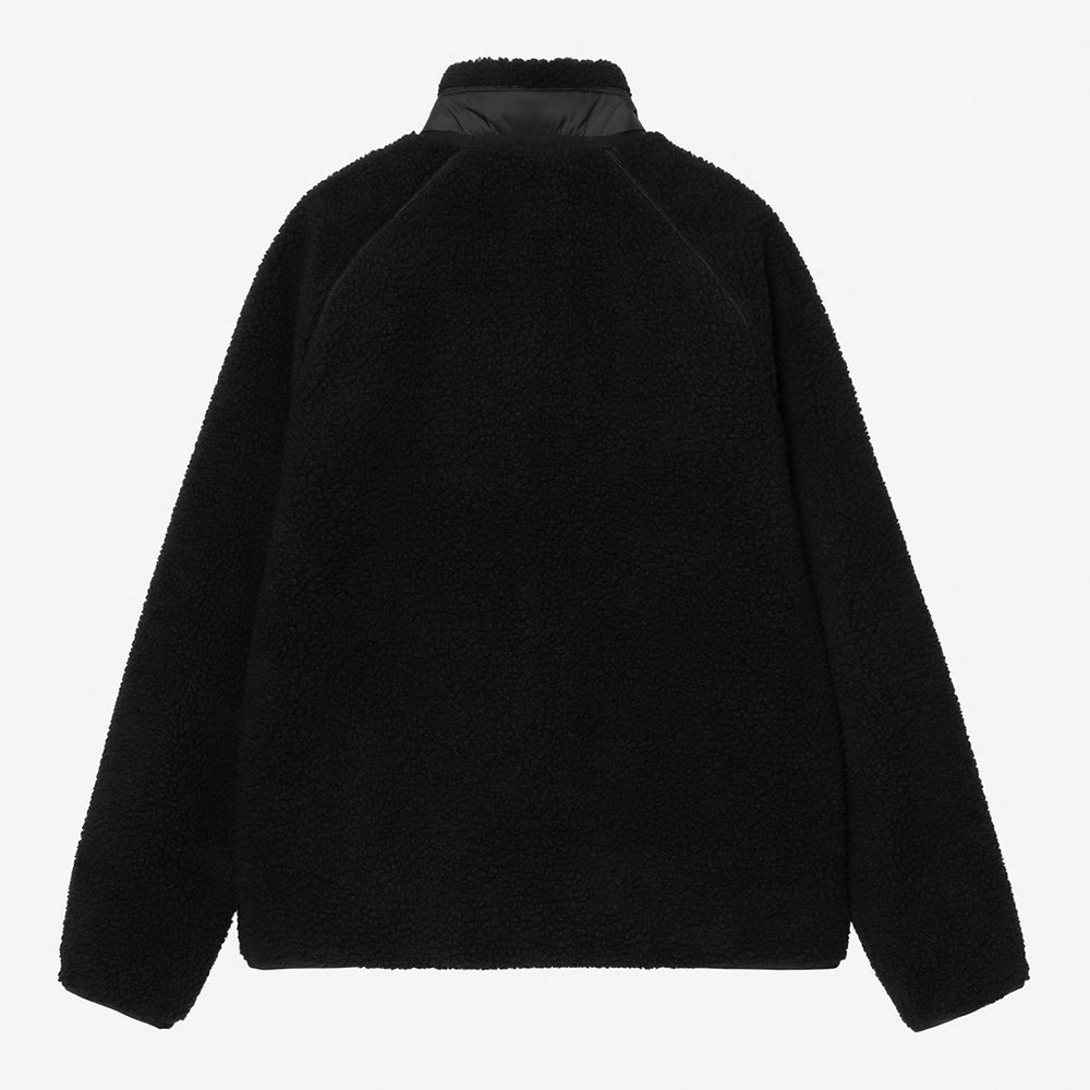 Carhartt WIP Prentis Liner in Black / Black – Rueckansicht der schwarzen Fleece-Jacke für Herren mit schwarzen Nylon-Akzenten und Quadrat-Logo.