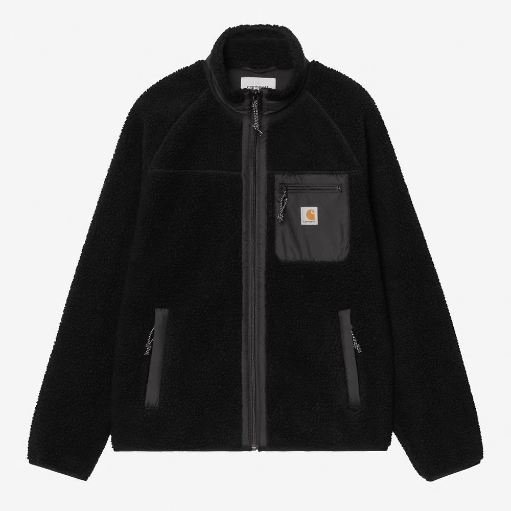 Carhartt WIP Prentis Liner in Black / Black – Vorderansicht der schwarzen Fleece-Jacke für Herren mit schwarzen Nylon-Akzenten und Quadrat-Logo.