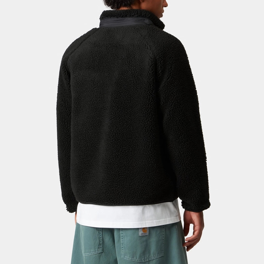 Carhartt WIP Prentis Liner in Black / Black – Rueckansicht am Model der schwarzen Fleece-Jacke für Herren mit schwarzen Nylon-Akzenten und Quadrat-Logo.