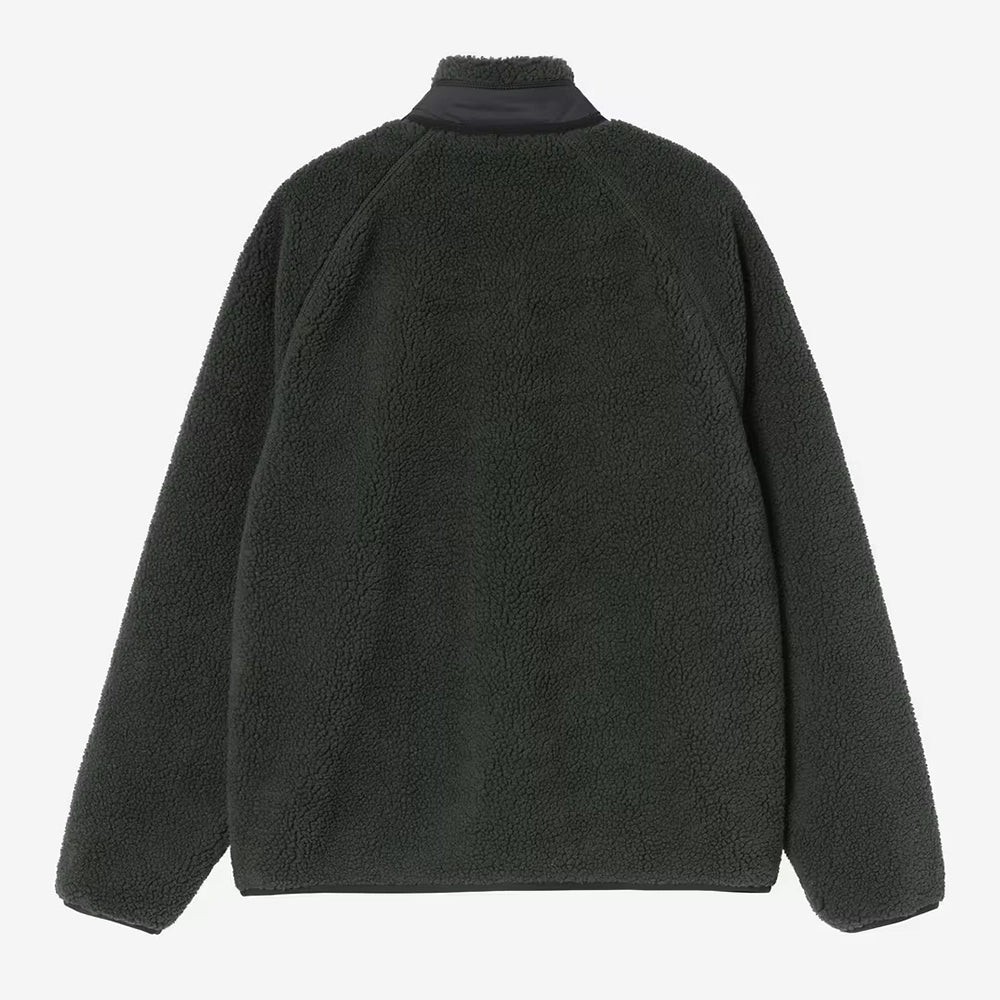 Carhartt WIP Prentis Liner in Raven / Black – Rueckansicht der dunkelgrünen Fleece-Jacke mit schwarzen Nylon-Details und Quadrat-Logo.