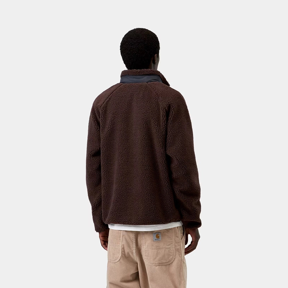 Carhartt WIP Prentis Liner in Palisander / Black – Rueckansicht am Model der braunen Fleece-Jacke für Herren mit schwarzen Nylon-Akzenten und Quadrat-Logo.