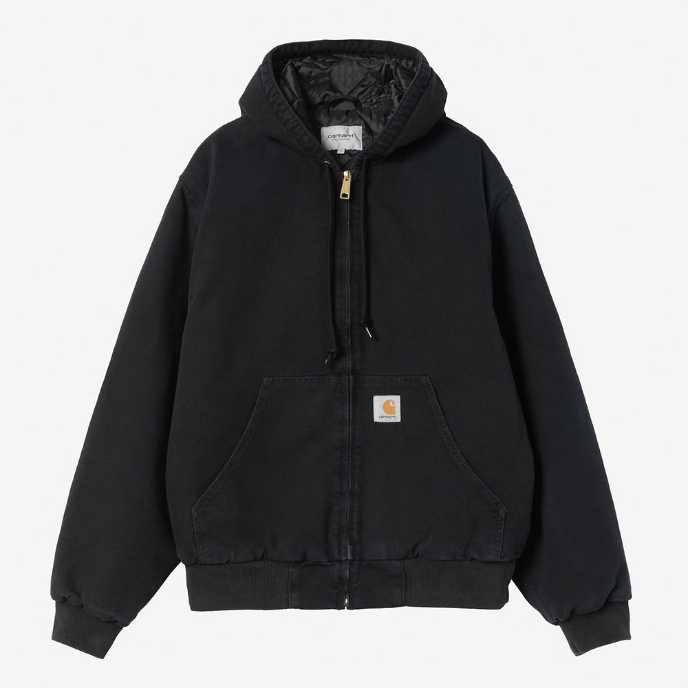 "Carhartt WIP OG Active Jacket in Schwarz, aus robustem Duck Canvas, mit Kapuze, Reißverschluss und Fronttaschen.“

