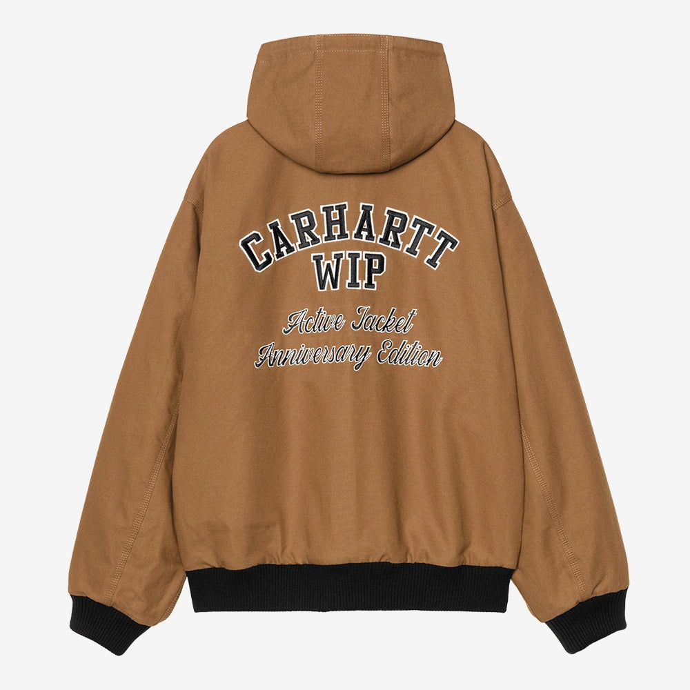 Carhartt WIP OG Active Jacket 50 Years Anniversary in Schwarz, Premium-Leder, mit Hamilton Brown Innenfutter und Kapuze.
