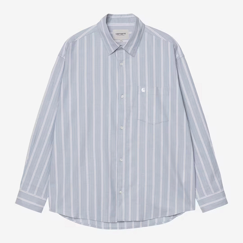 "Carhartt WIP L/S Beale Shirt in Gentle Blue / White – Gestreiftes Langarmhemd aus Baumwoll-Oxford mit Button-Down-Kragen bei Stickabush Berlin.“