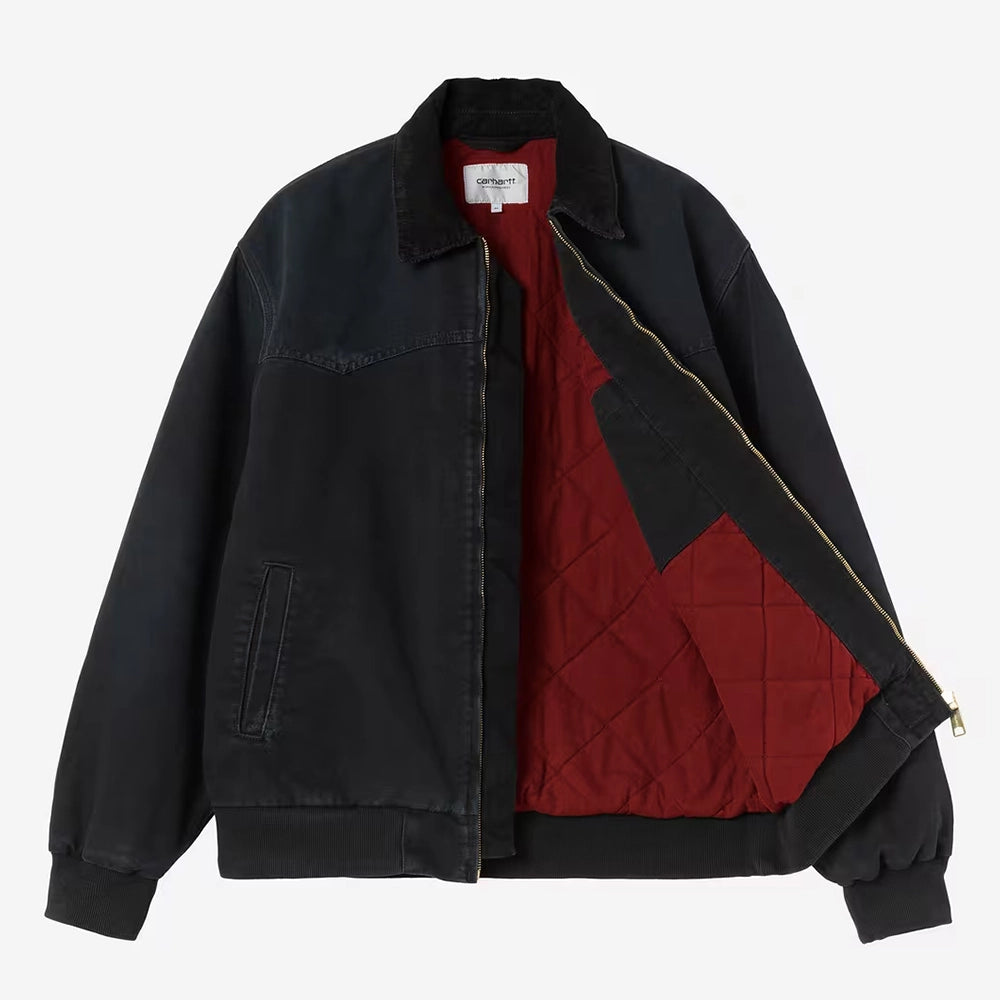 "Carhartt WIP OG Santa Fe Jacke in Schwarz / Black (Grind washed) – Robuste Canvas-Jacke mit Samtkragen im Vintage-Look bei Stickabush Berlin."