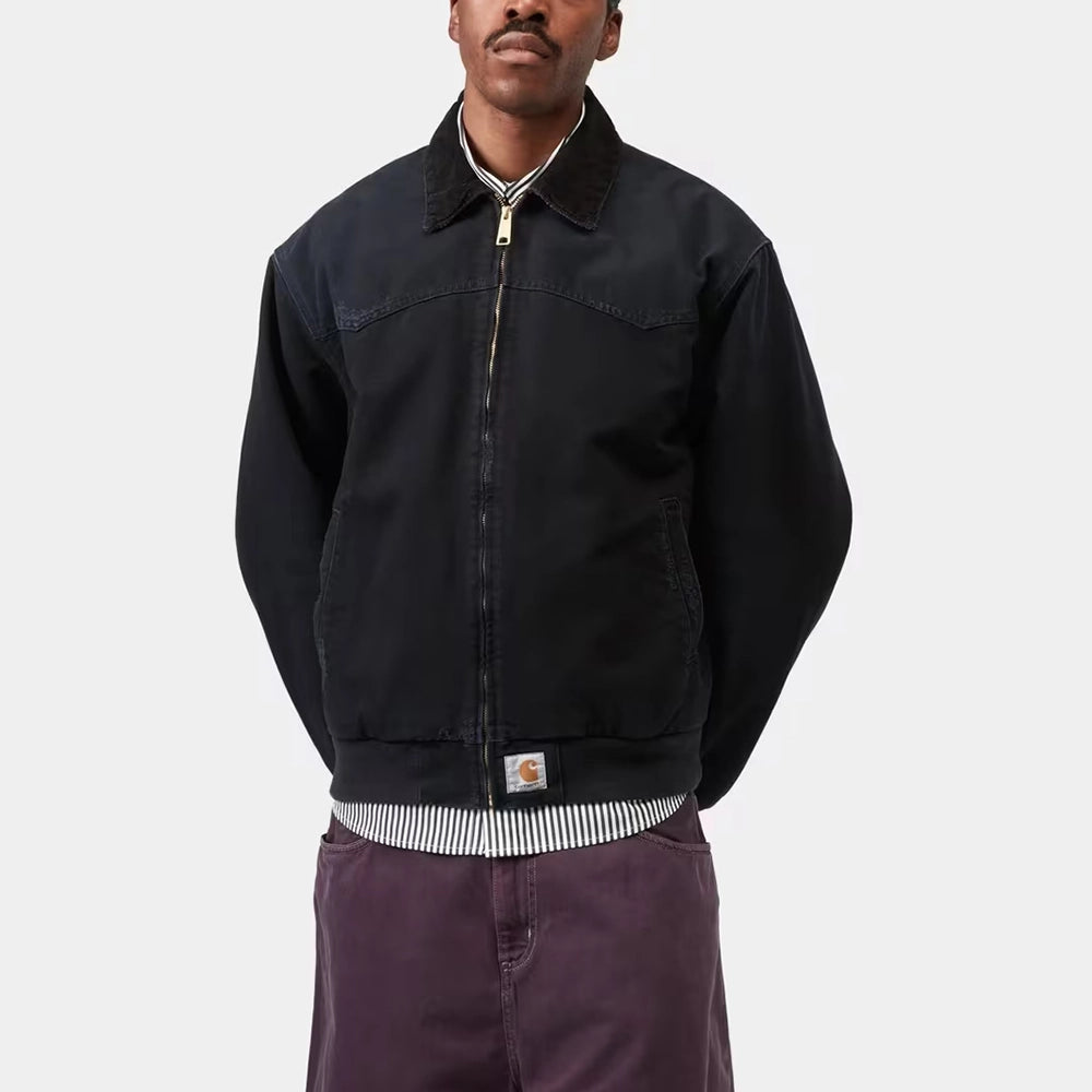 "Carhartt WIP OG Santa Fe Jacke in Schwarz / Black (Grind washed) – Robuste Canvas-Jacke mit Samtkragen im Vintage-Look bei Stickabush Berlin."