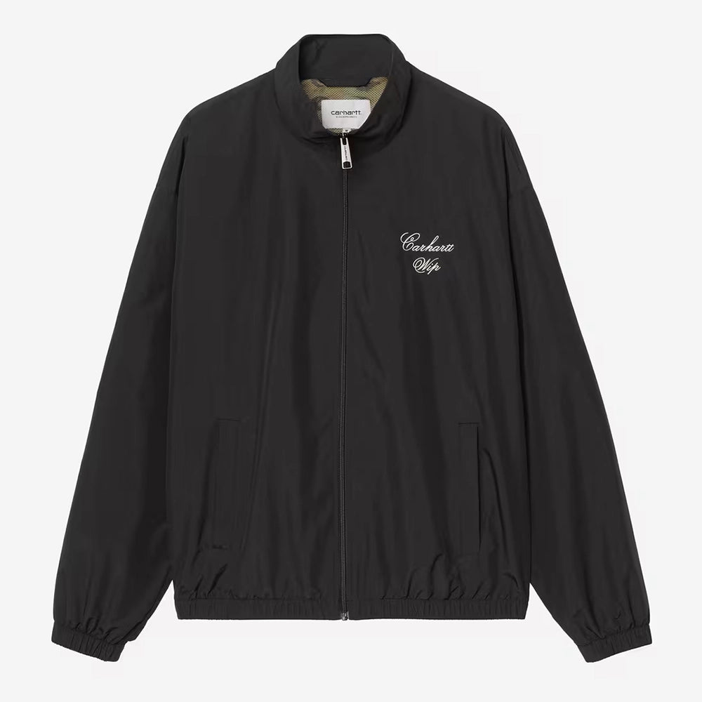 Carhartt WIP Travon Jacket in Black / Wax – Vorderansicht der water repellent Übergangsjacke für Herren mit grafischen Stickereien.