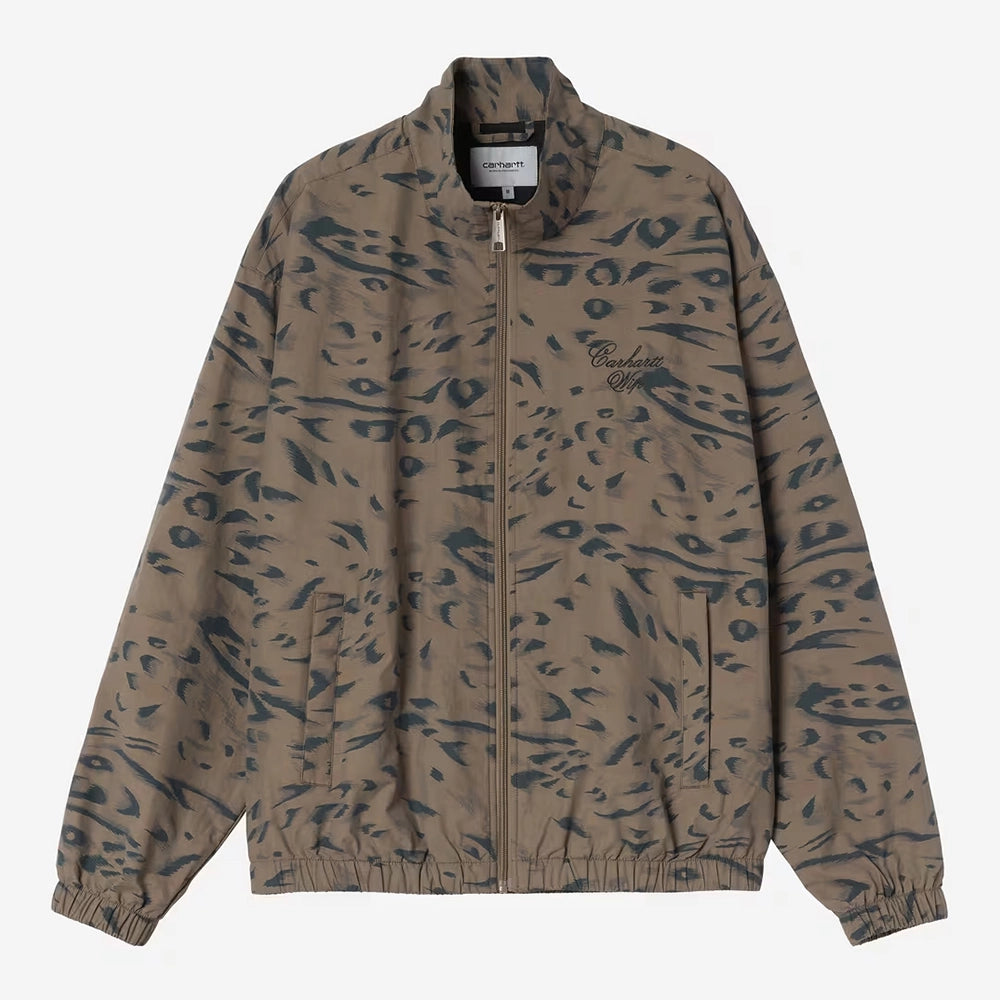 Carhartt WIP Travon Jacket in Duck Feather Print Cypress / Black – Vorderansicht der water repellent Übergangsjacke mit Graphic Embroidery.