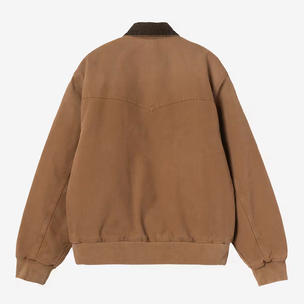 Carhartt WIP OG Santa Fe Jacket in WIP H Brown / Tobacco – Rueckansicht der braunen Canvas-Workwear-Jacke mit Kontrast-Cordkragen und Reißverschluss.