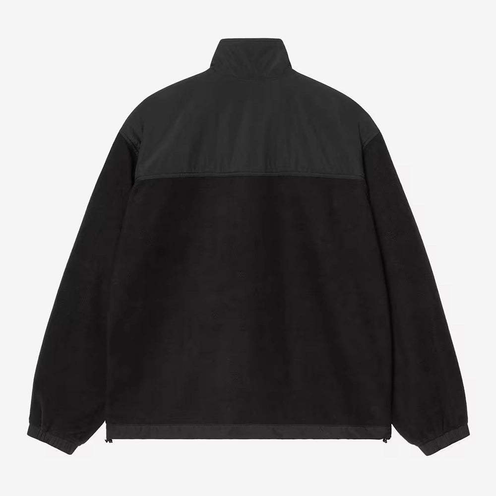 Carhartt WIP Edmore Jacket in Black / White – Rueckansicht der schwarz-weißen Jacke mit Reißverschlusstaschen und grafischer Stickerei. 