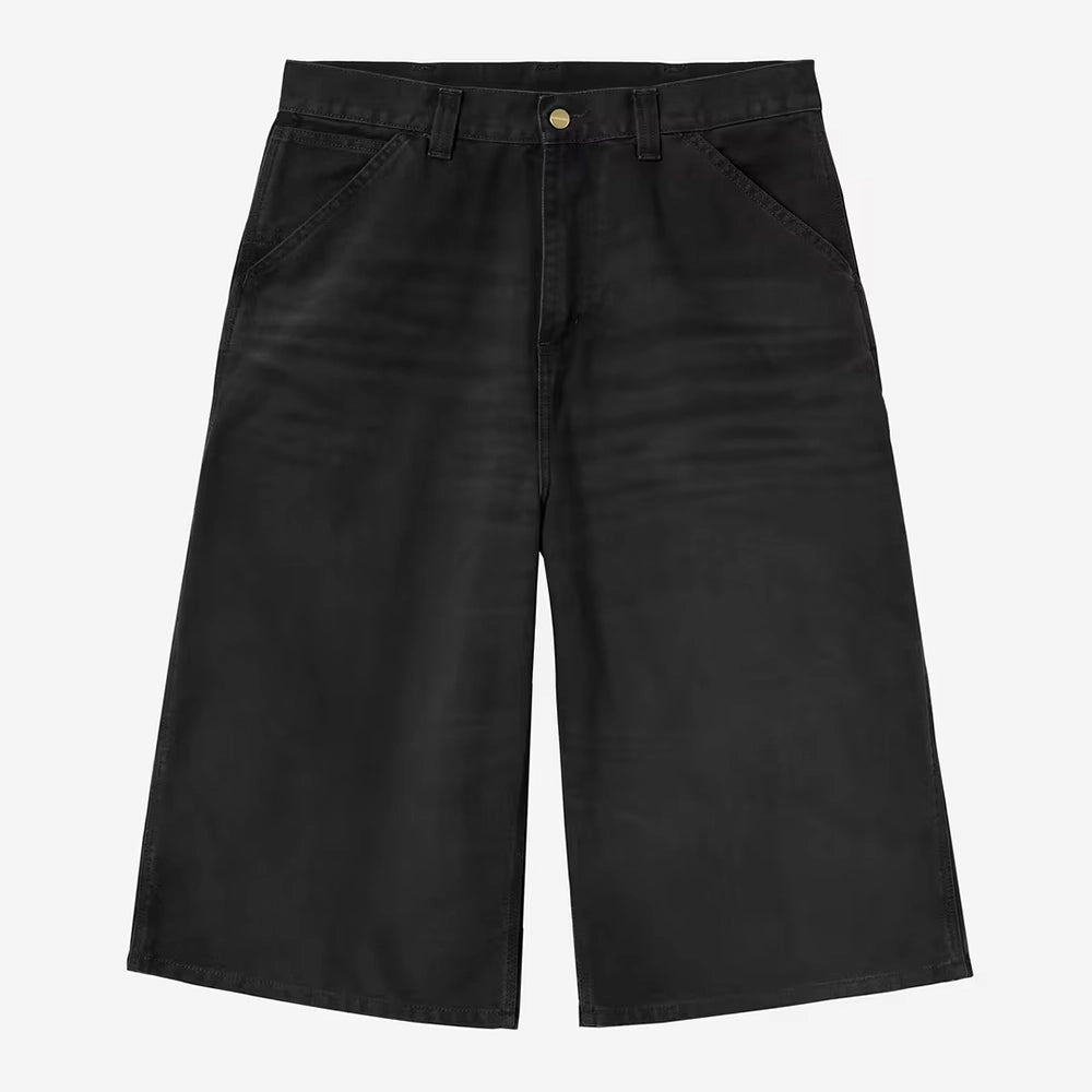 Carhartt WIP OG Single Knee Long Short in Black – Vorderansicht der schwarzen Canvas-Workwear-Shorts mit Tool-Taschen und Hammerlasche.