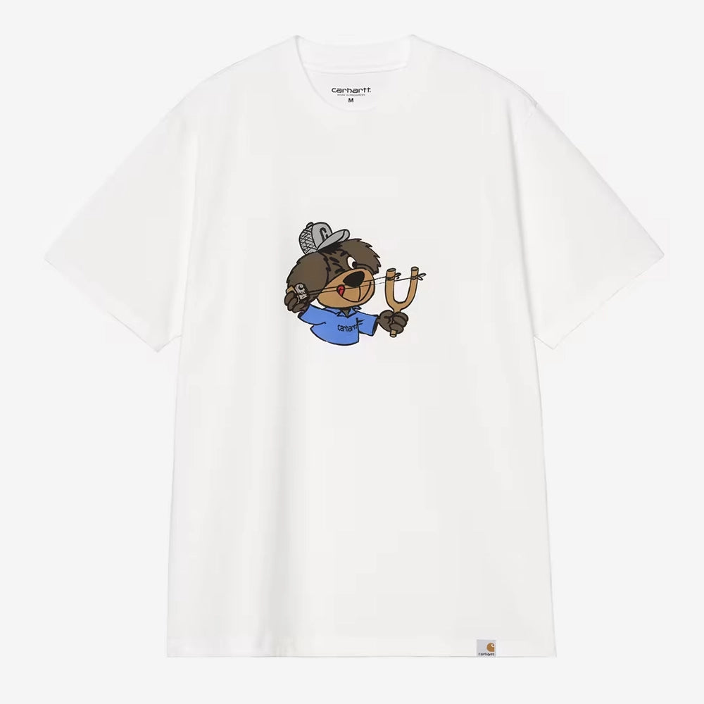 “Carhartt WIP S/S Slingshot T-Shirt in Weiß mit markantem Graphic-Print auf der Brust und Rundhalsausschnitt jetzt bei STICKABUSH.“