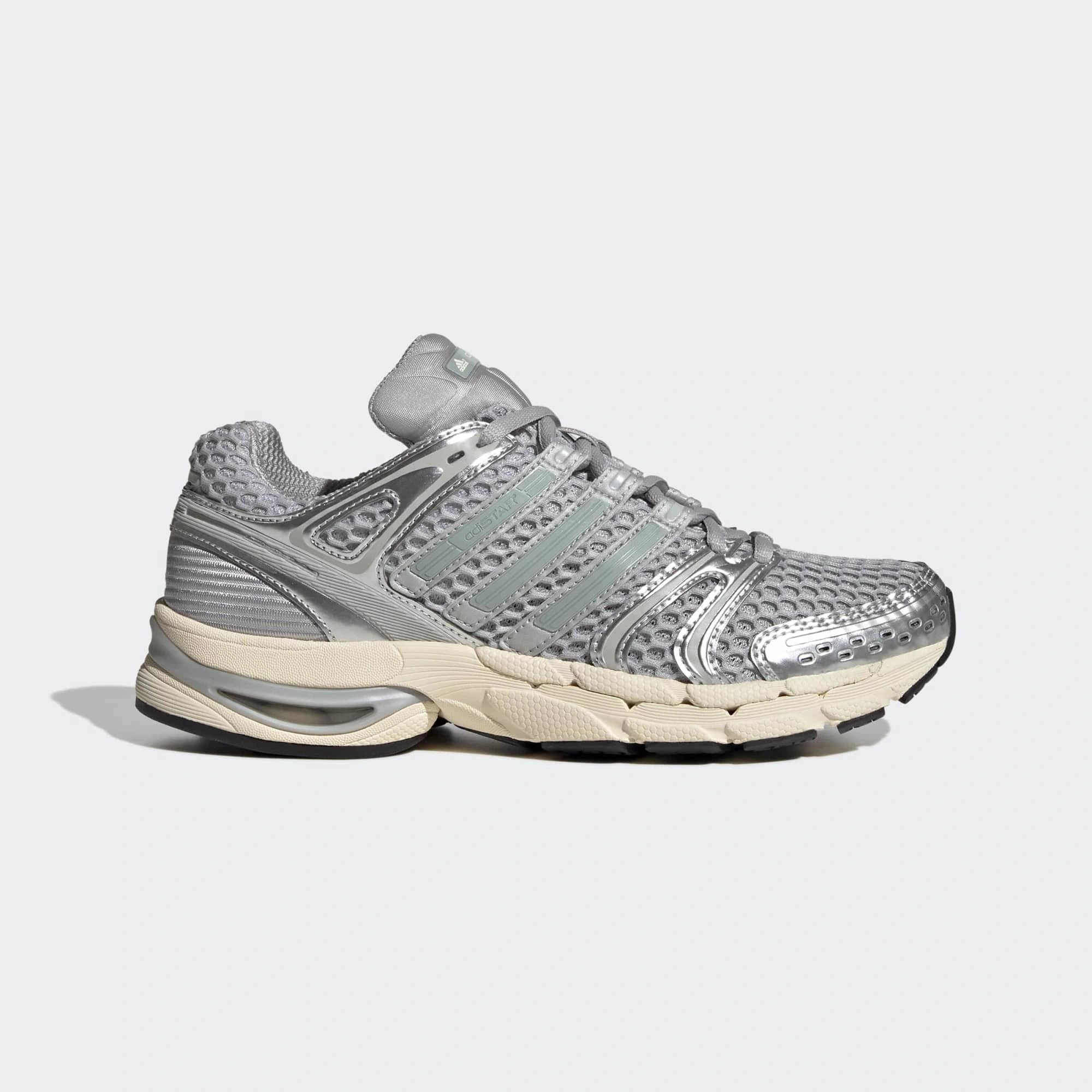 “adidas Adistar Control 5 Damen Sneaker in Grau und Türkis – Seitenansicht der technischen Sohle und Mesh-Details bei Stickabush.“