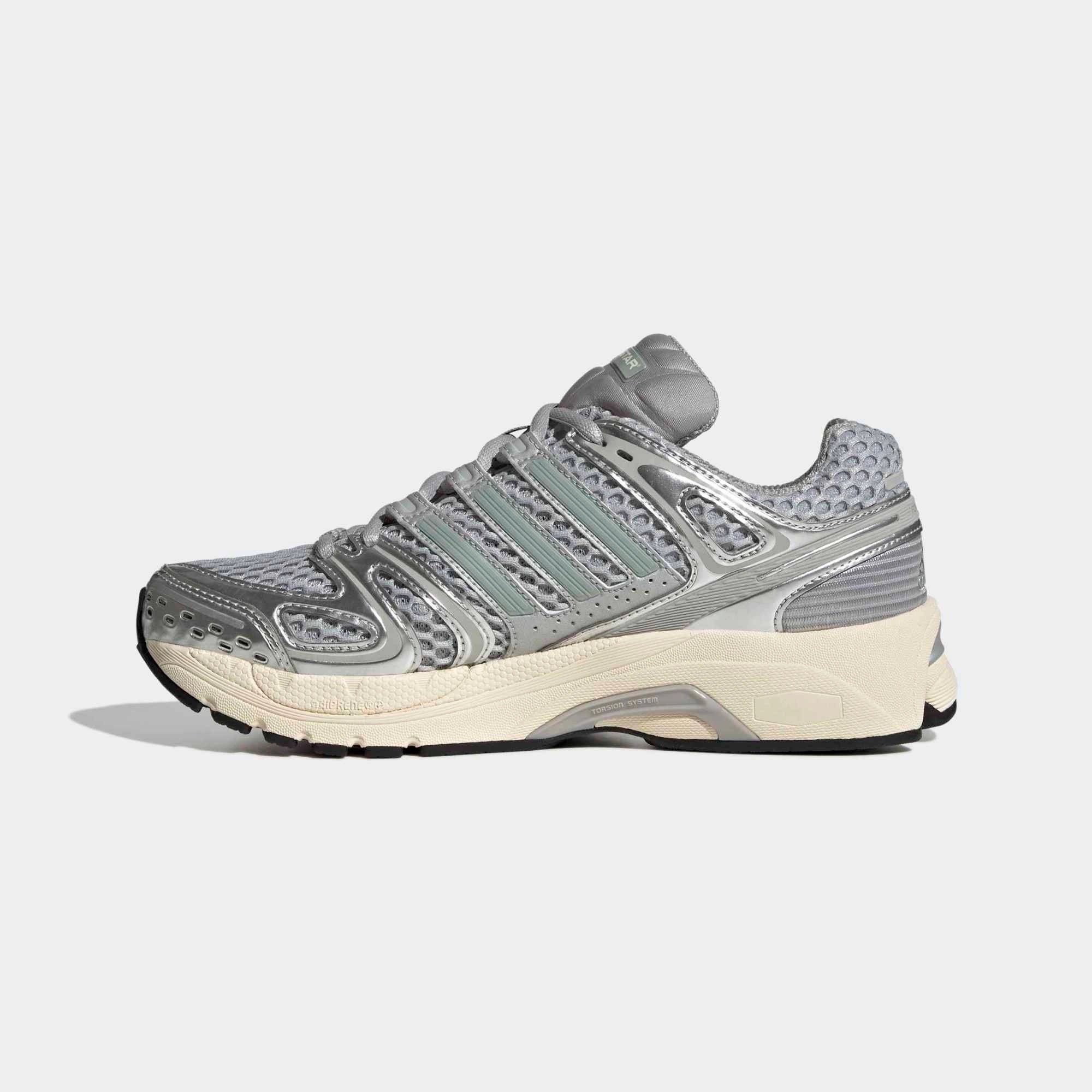 “adidas Adistar Control 5 Damen Sneaker in Grau und Türkis – Seitenansicht der technischen Sohle und Mesh-Details bei Stickabush.“