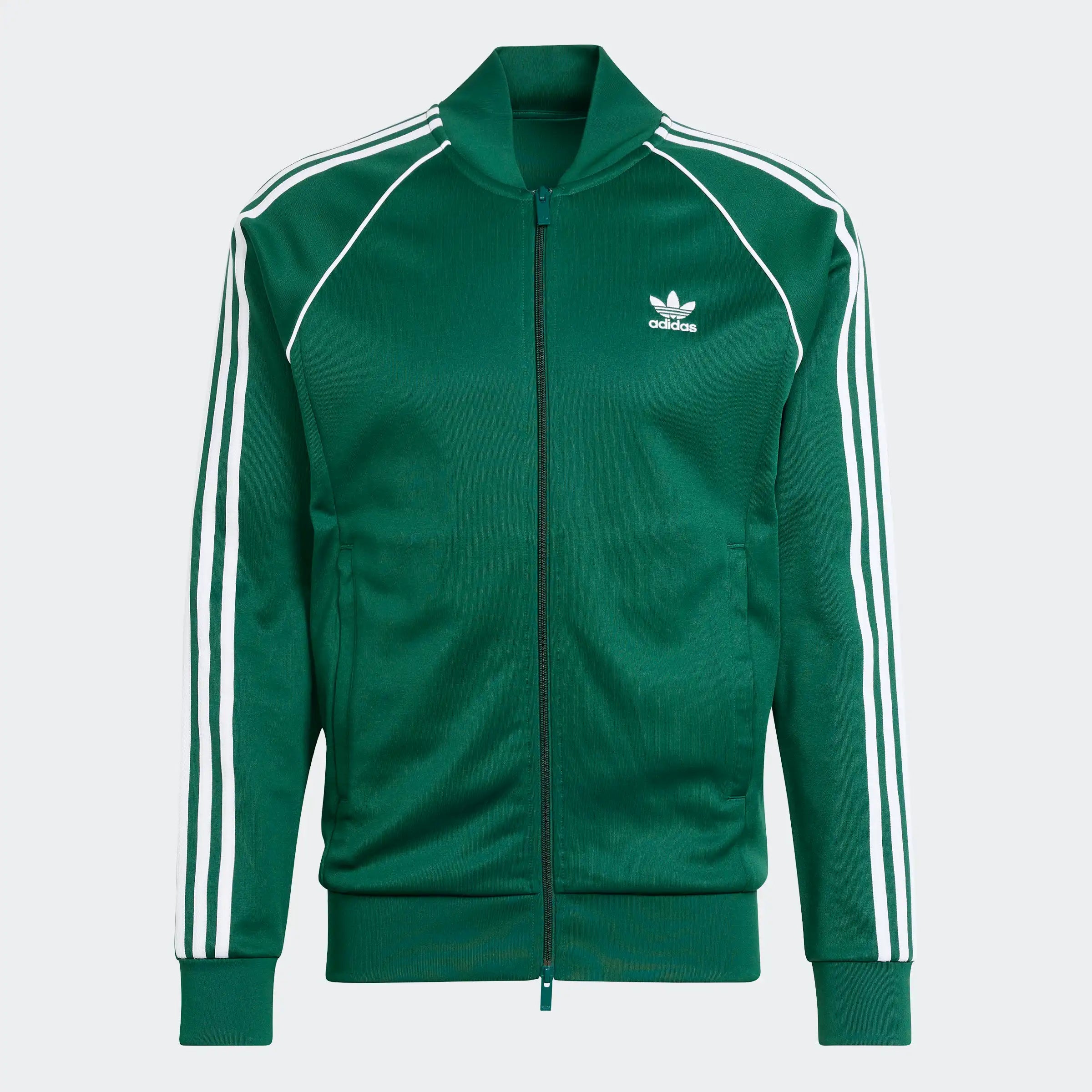 "adidas classics sst originals jacket in dunkelgrün,IR9863, aus Polyester/Baumwolle, schmal geschnitten, klassische adidas Trainingsjacke mit Streifen."