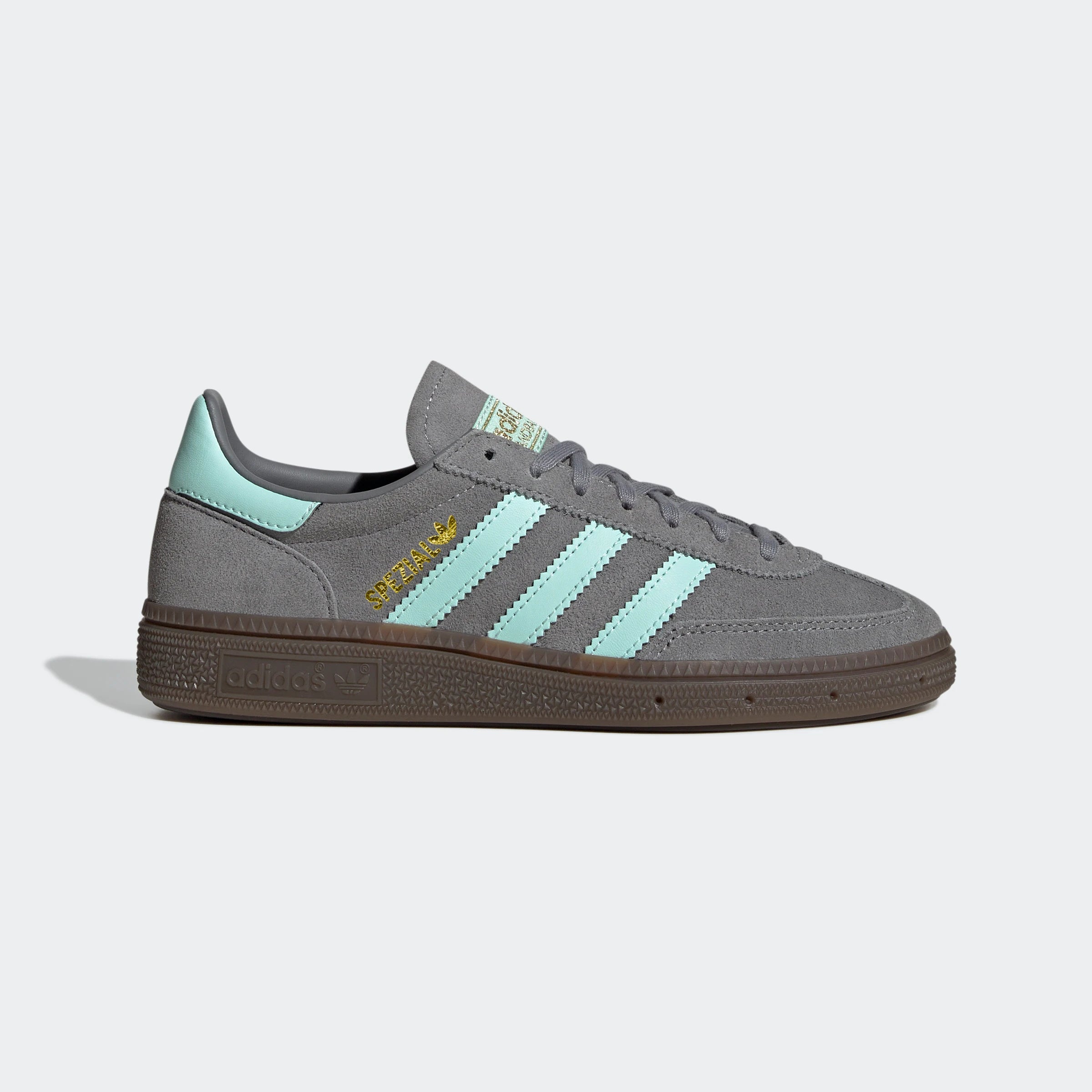 "Adidas Handball Spezial Grau/Mint JI4471: Legendärer Retro-Sneaker mit Wildleder-Upper, Gummisohle und 3-Streifen Look."