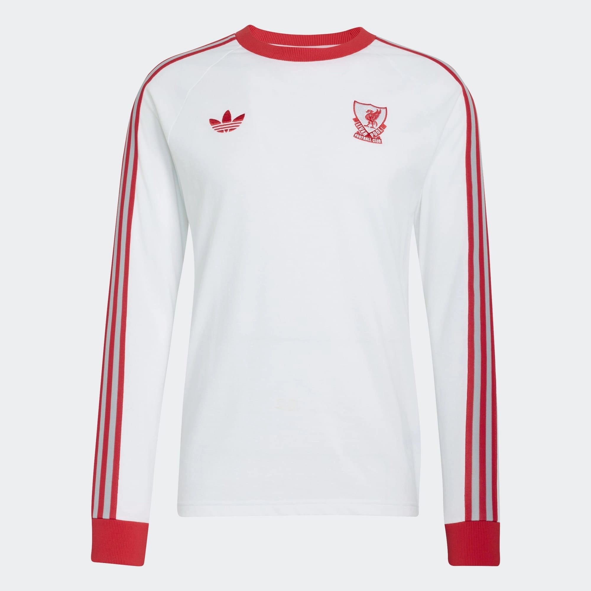 "Weißes adidas Originals Liverpool FC Langarmshirt mit roten Streifen und gesticktem Liver Bird Logo auf der Brust bei Stickabush.“