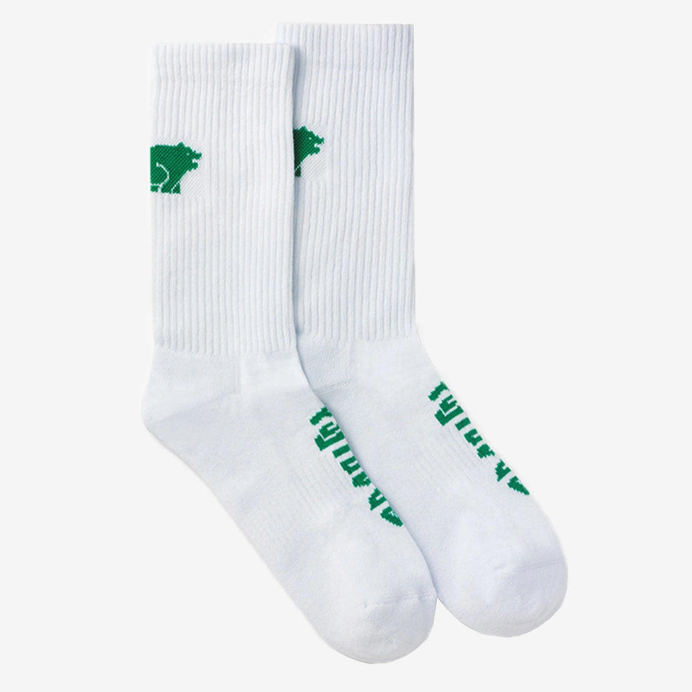 "Karhu Fusion Socks in White Ultramarine Green Vorderansicht mit Logo jetzt bei Stickabush Berlin.“