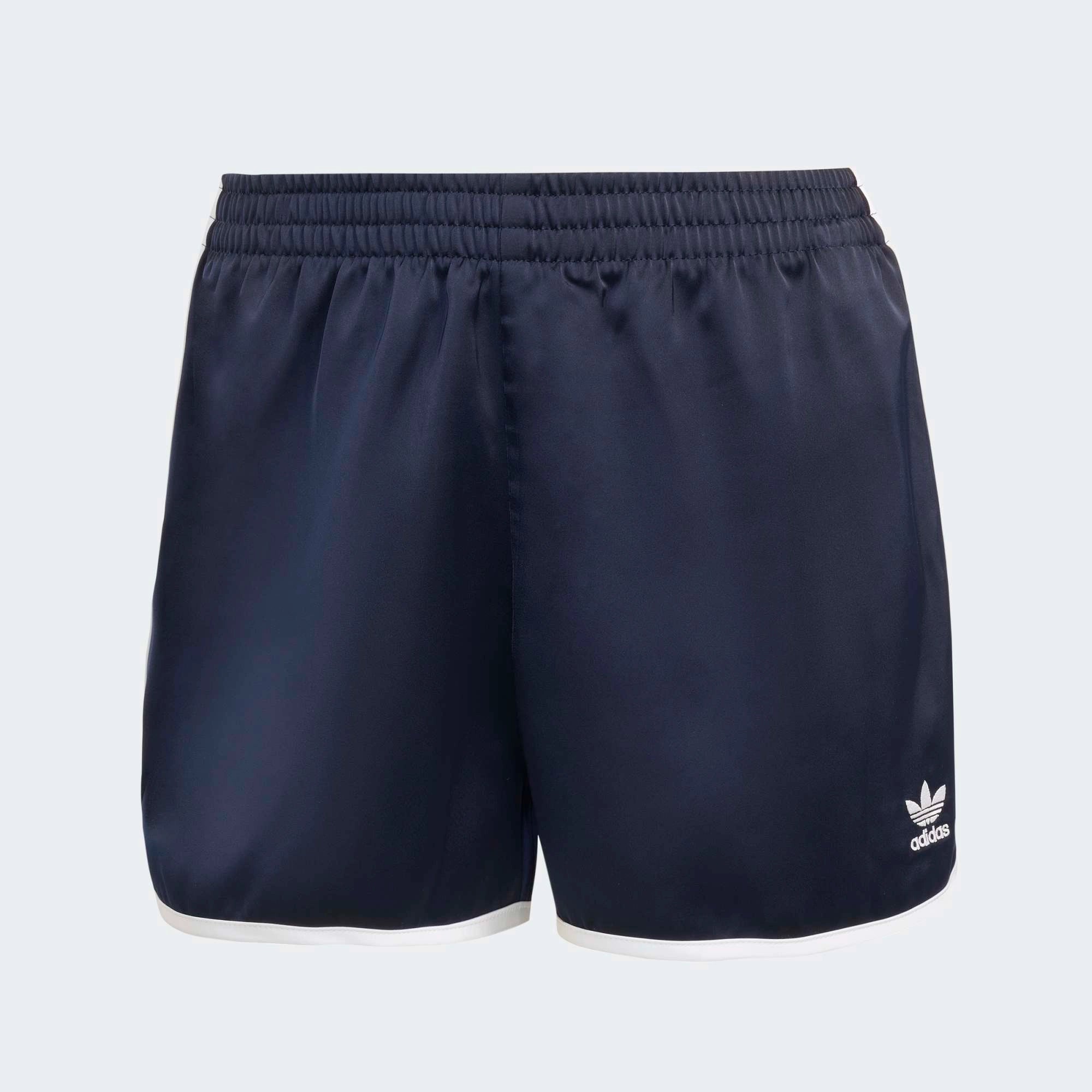 Adidas 3-Stripes Sprinter Shorts in Dunkelblau. Hergestellt aus recyceltem Polyester, mit weißen 3-Streifen an den Seiten.