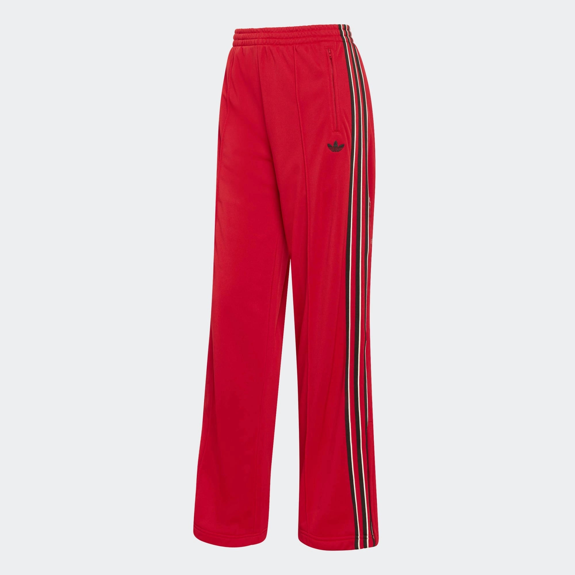 Adidas Firebird Loose Track Pants W in Better Scarlet mit 3-Streifen, Loose Fit und elastischem Bund in Schwarz/Off White.