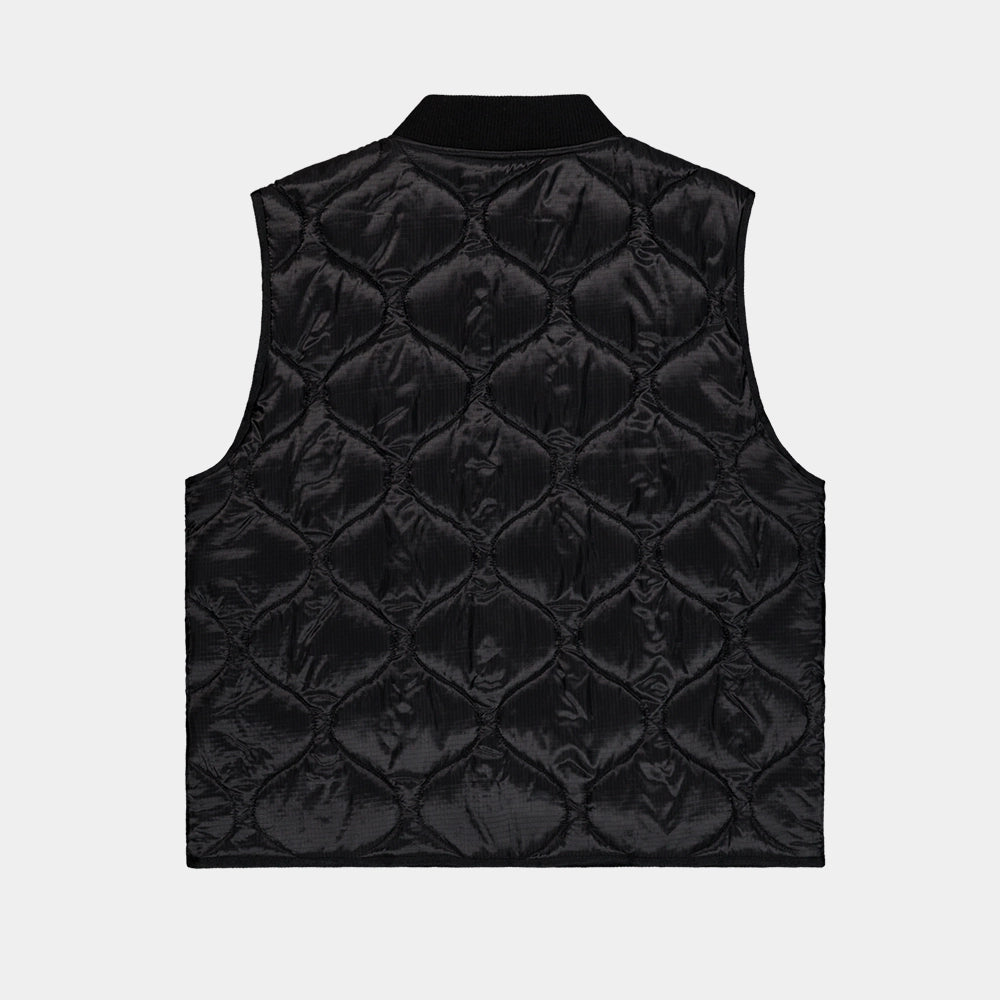 Schwarze Alpha Industries Q-1 Vest Utility-Weste mit Onion-Stitching und Web-Label bei Stickabush Berlin.