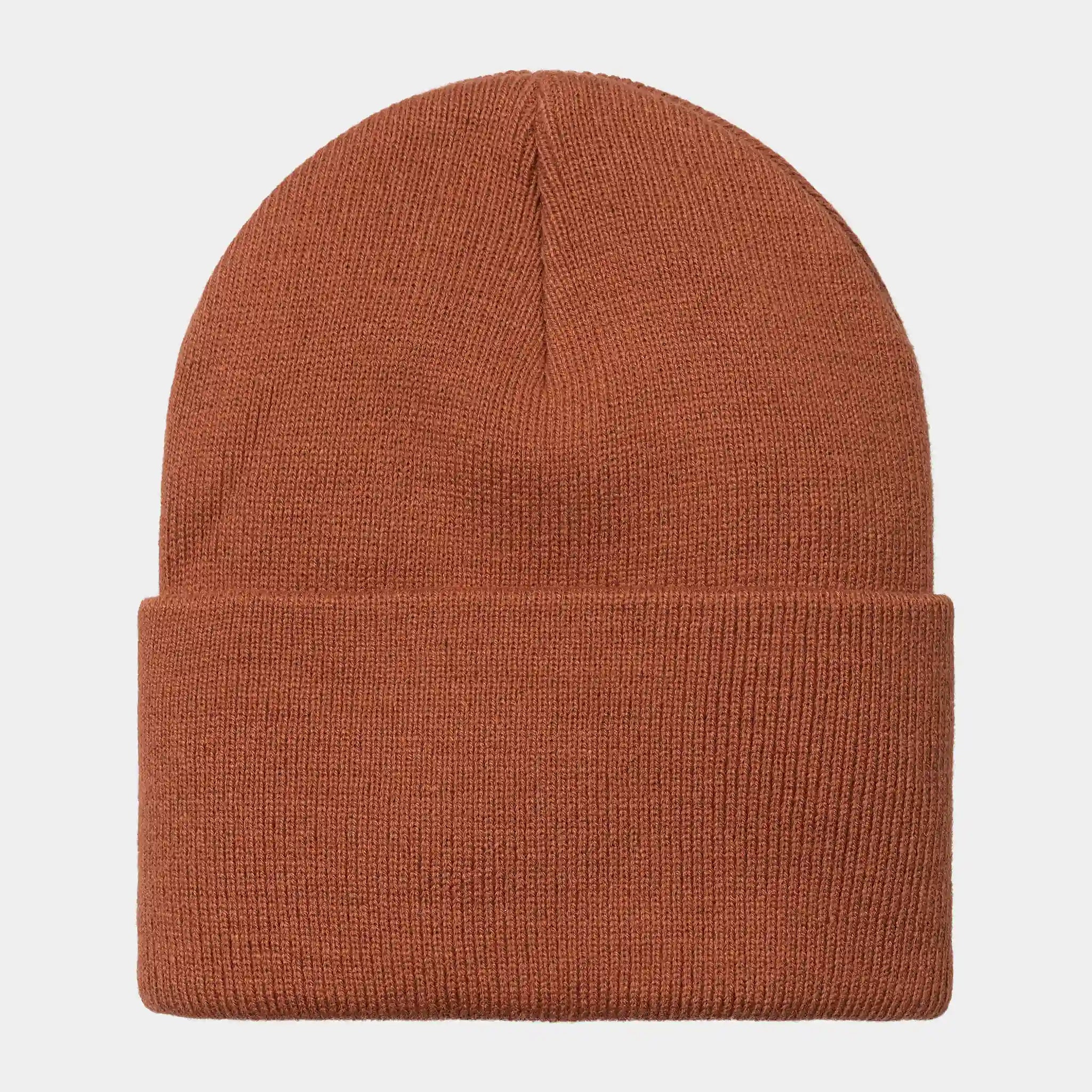 “Orangefarbene Carhartt WIP Acrylic Watch Hat in "Phoenix". Klassische, gerippte Strickmütze aus warmem Acryl, mit umschlagbarem Bund und kleinem, gewebtem Carhartt Square Label.“