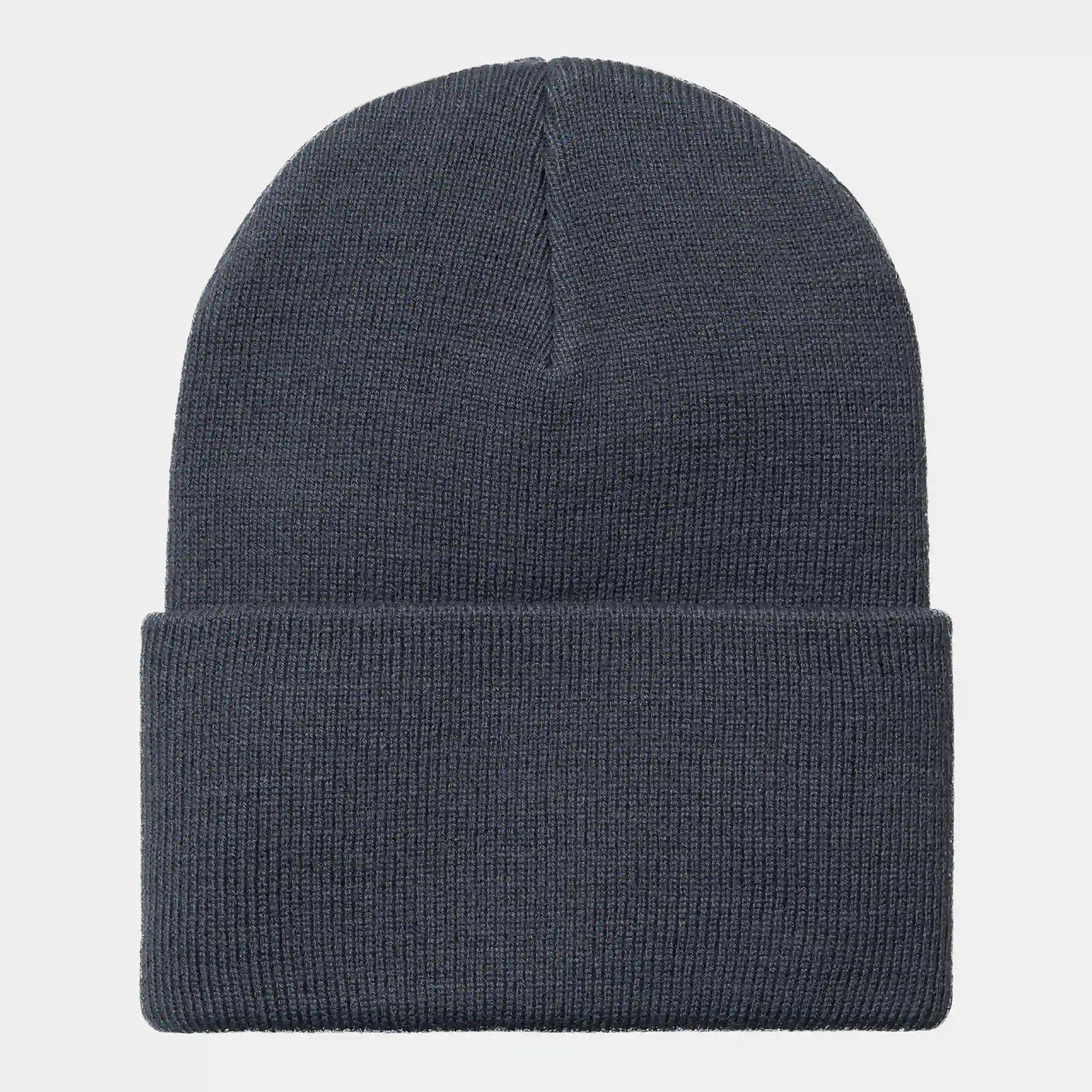 “Dunkelblaue ("Zeus") Carhartt WIP Acrylic Watch Hat. Kurze Beanie aus gerippter Acryl-Wolle. Eng anliegende Passform, umgeschlagener Saum und ein gewebtes Carhartt WIP Square Label auf der Vorderseite.“