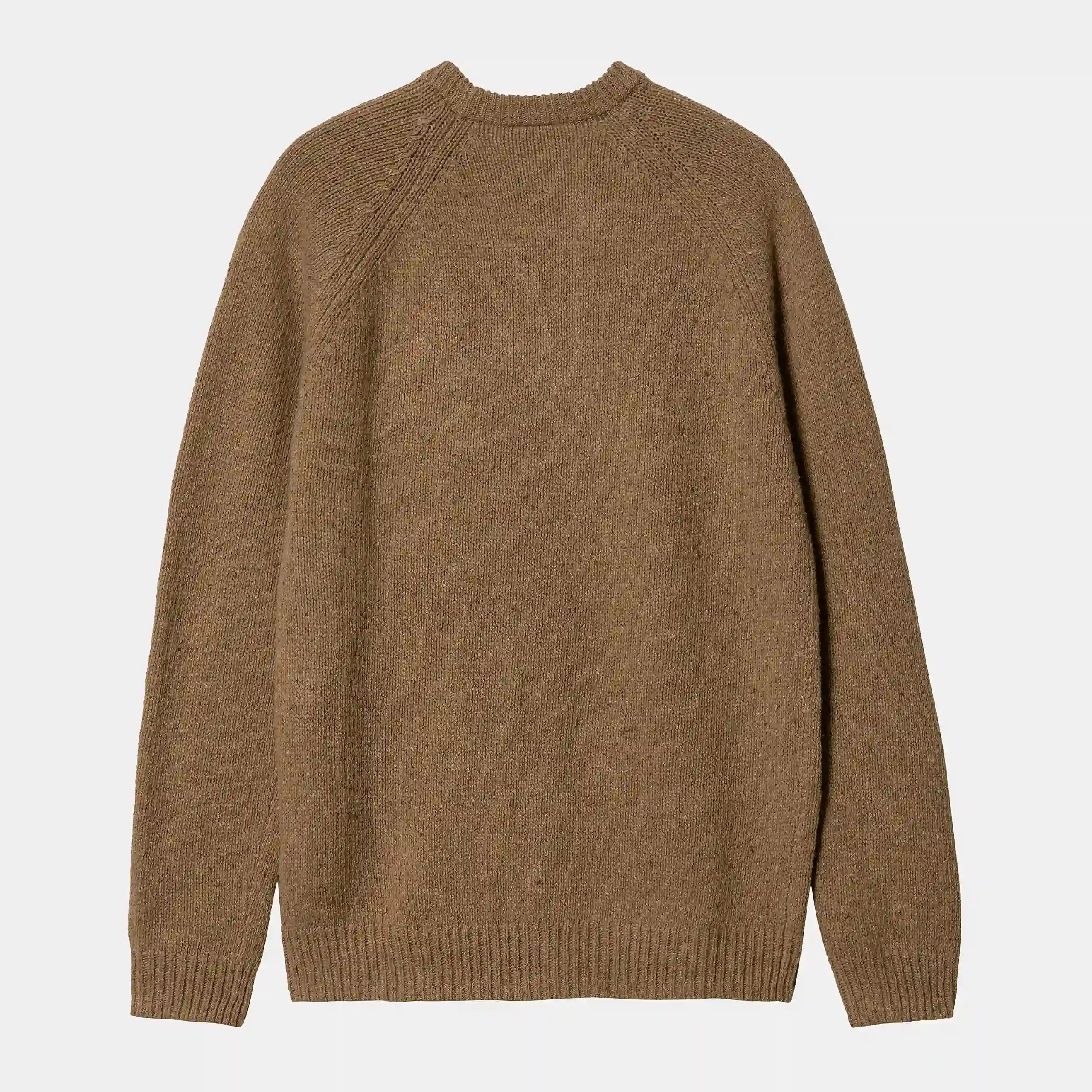 “Tiefgrüner Carhartt WIP Anglistic Sweater ("Speckled Jasper") mit subtilen, eingewebten Farbsprenkeln. Klassischer Strickpullover aus einer weichen Mischung aus Lammwolle, Baumwolle und Acryl. Raglanärmel für bequeme Passform, gerippte Bündchen und Saum, kleines gewebtes Logo-Etikett am unteren Bund.“