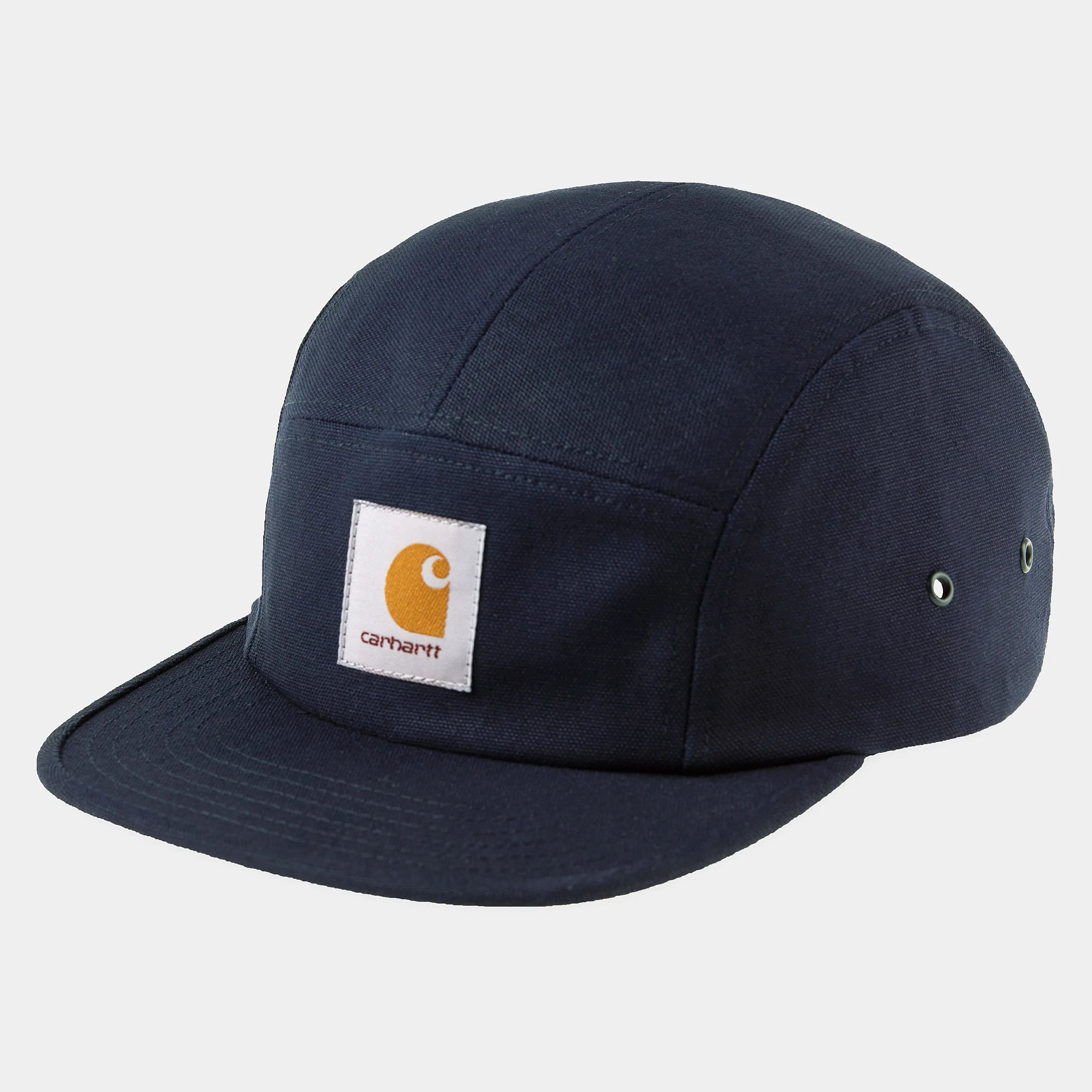 “Dunkelblaue Carhartt WIP Backley Cap. 6-Panel-Basecap mit festem Schirm, gewebtes Carhartt Square Label vorne, verstellbarer Riemen am Hinterkopf.“
