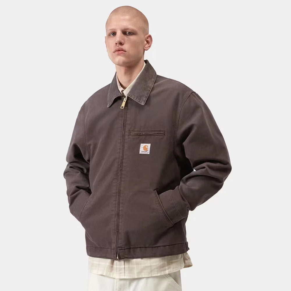 “Carhartt WIP Detroit Jacke für Herren in Grau-Braun (Shale) aus robustem Stone Washed Canvas mit braunem Cordkragen bei bei Stickabush.“