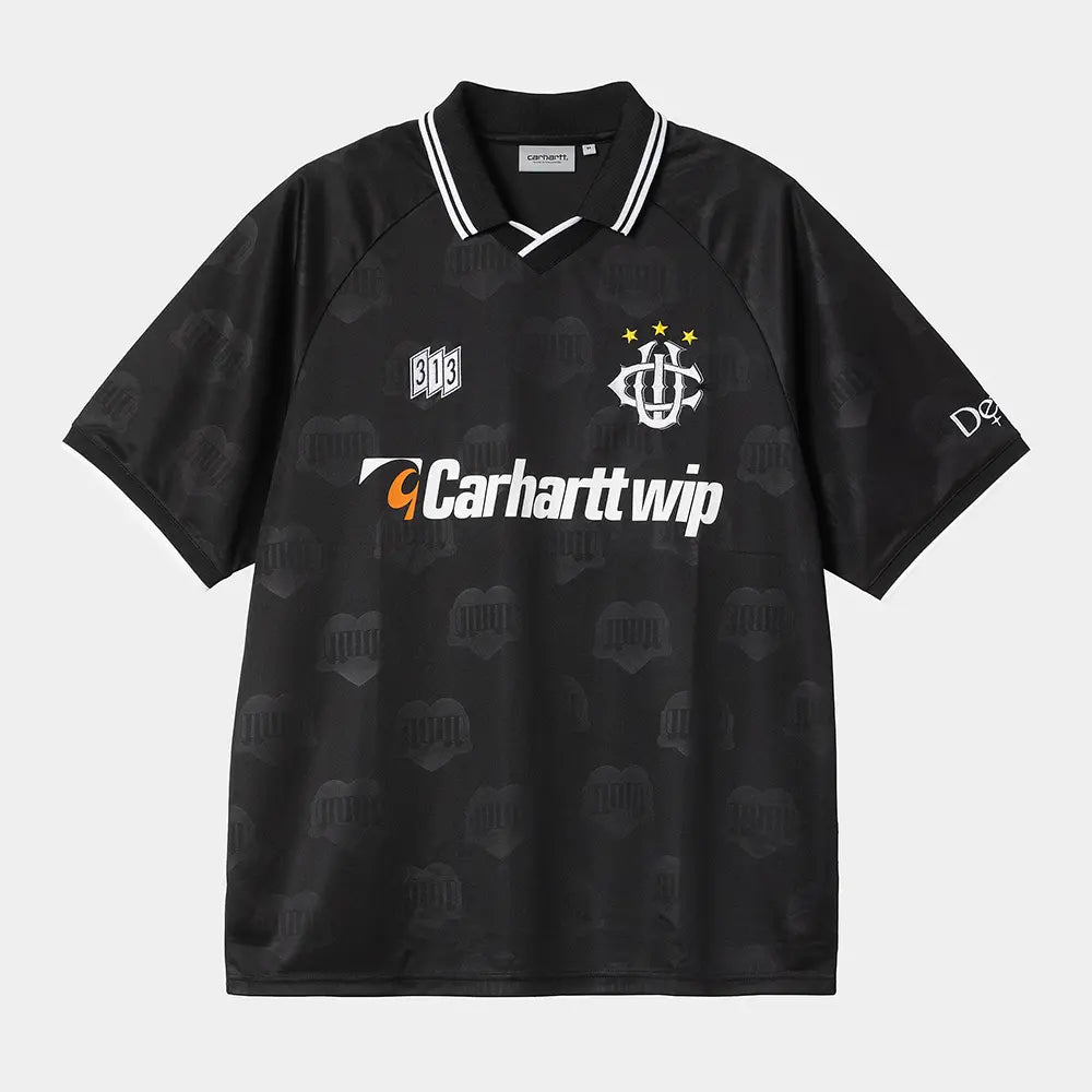 "Carhartt Hartt’s Football T-Shirt in Schwarz, Kurzarm Trikot, Jacquard-Muster mit Herz- und Zugmotiven."