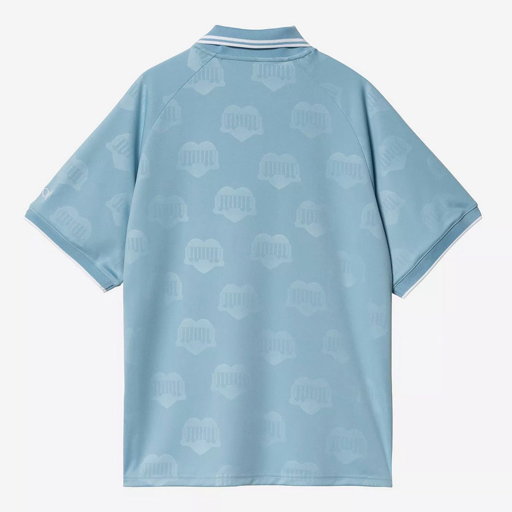 "Carhartt Hartt’s Football T-Shirt, Herz-Zug Jacquard, Bluebird (Hellblau), Kurzarm, Jacquard-Muster mit Herz- und Zugmotiven."