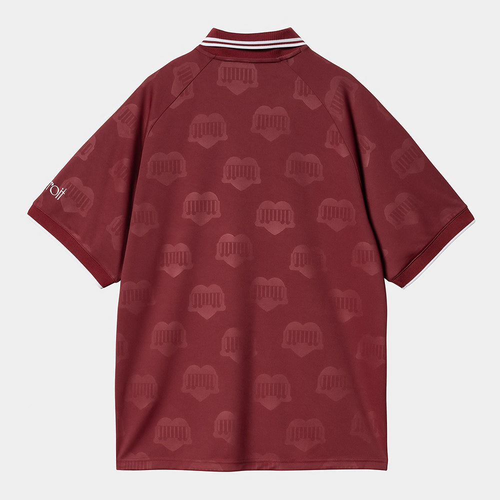 "Carhartt Hartt’s Football T-Shirt, Herz-Zug Jacquard, Mulberry (Weinrot), Kurzarm, Jacquard-Muster mit Herz- und Zugmotiven."