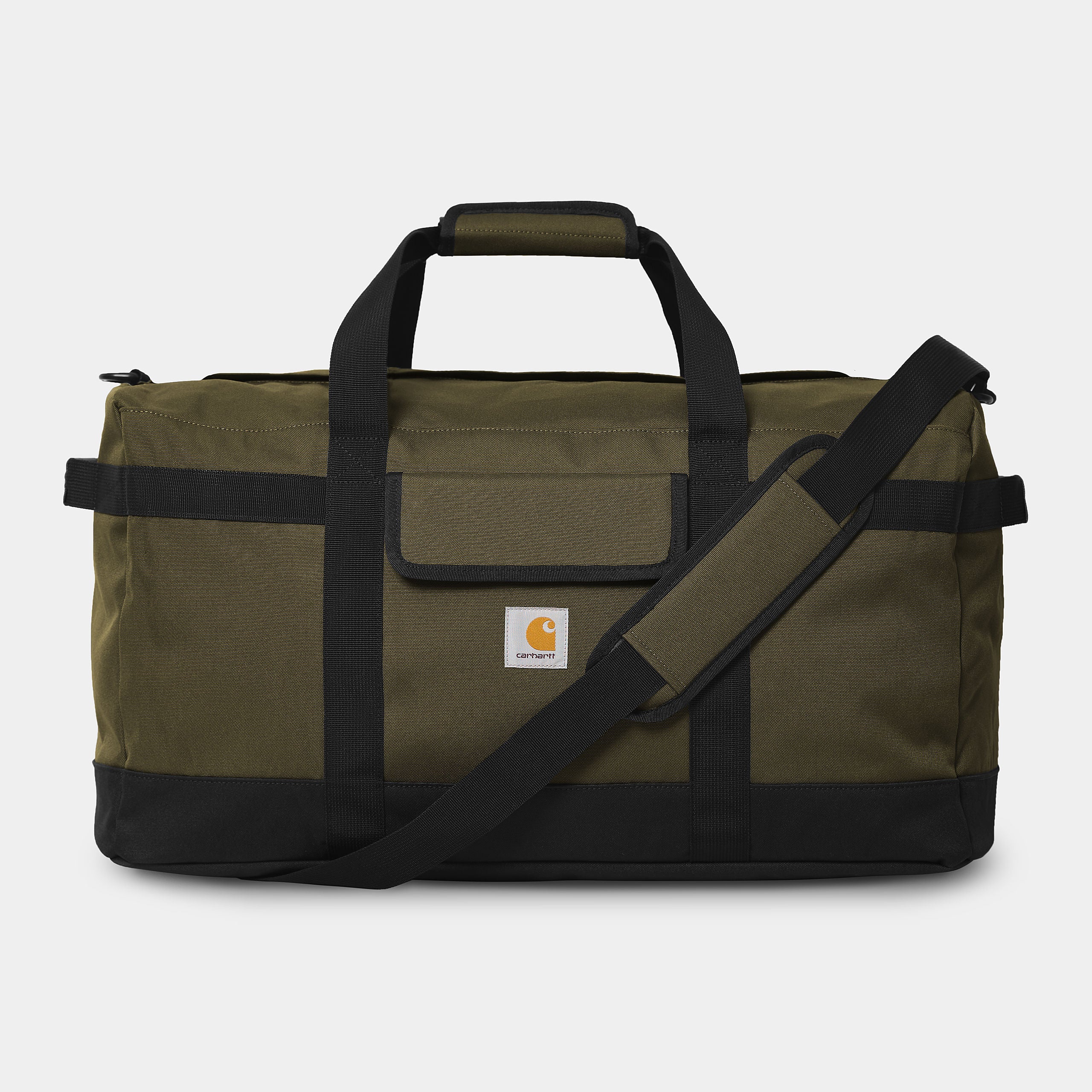 "Carhartt Jack Duffle Bag in Olivgrün, robustes Gewebe, große Reisetasche mit Tragegriffen und Schultergurt, Logo-Patch."
