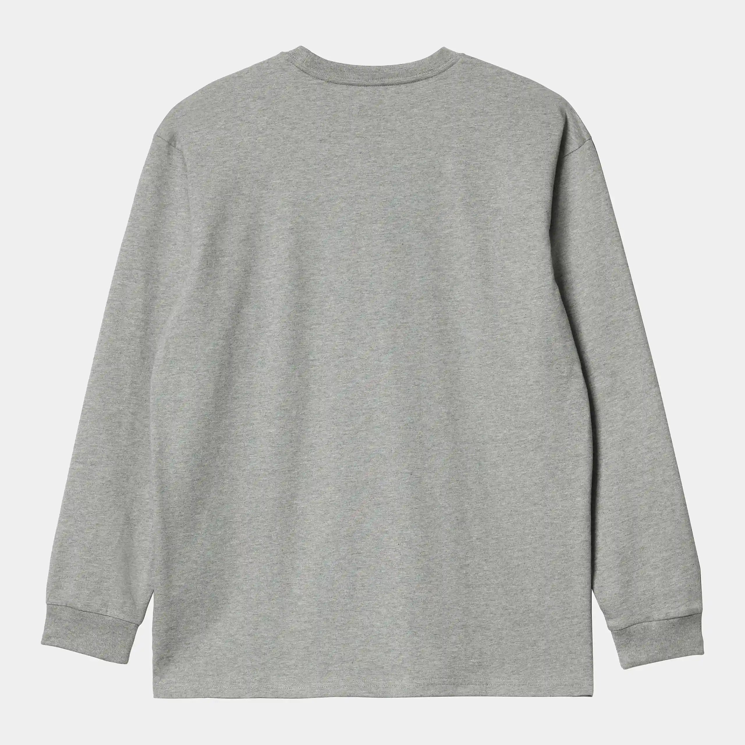 "Grau meliertes Carhartt WIP Langarmshirt mit kleinem, goldfarbenem 'C'-Logo auf der Brust. Klassisches Design aus Baumwolljersey."