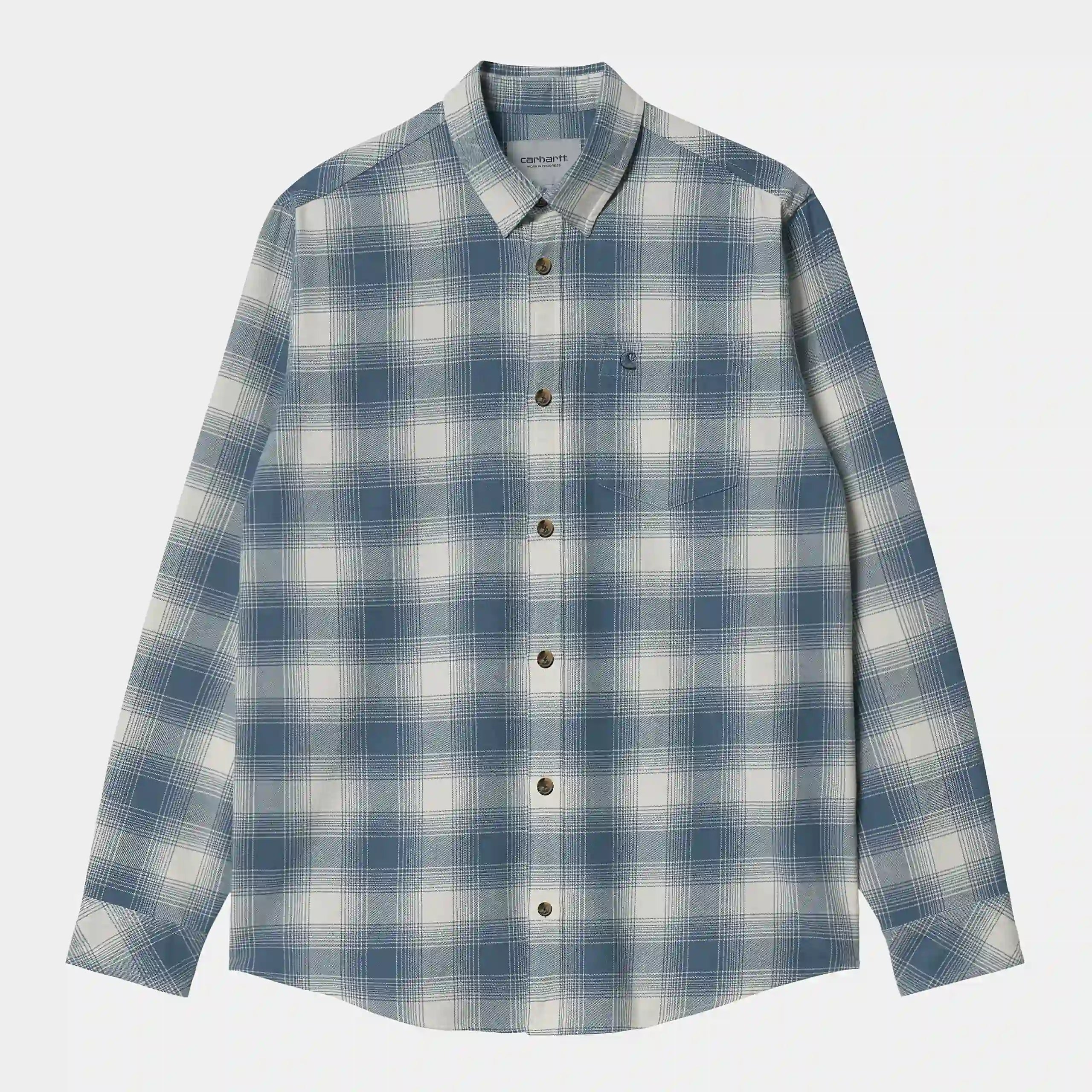 “Blau kariertes Carhartt WIP L/S Deaver Shirt. Langärmliges Hemd im "Deaver Check" Muster, Brusttasche mit gewebtem Logo-Etikett, geknöpfter Kragen.“
