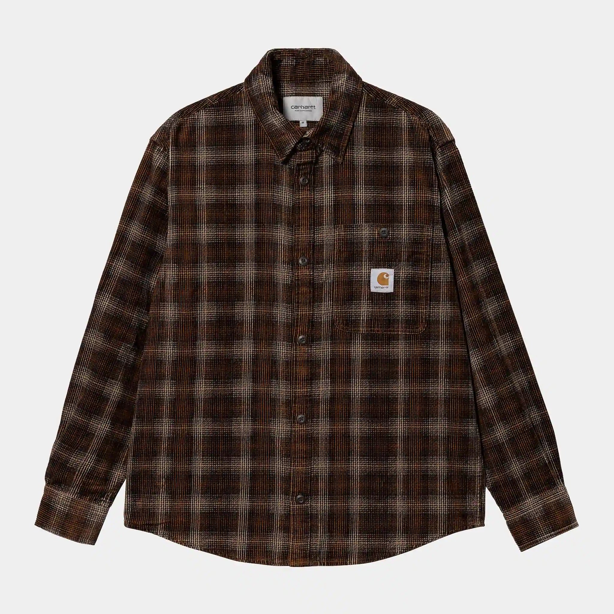“Carhartt WIP L/S Flint Shirt in Wiley Check, Hamilton Brown (Rinsed). Langärmliges Hemd mit Karomuster, Brusttaschen mit Knopfverschluss, gewebtes Logo-Etikett.“