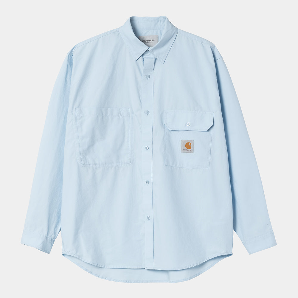 “Carhartt WIP L/S Irwin Shirt in hellblau, aus Baumwolle, mit Button-Down-Kragen, Brusttasche und entspanntem Loose Fit.“