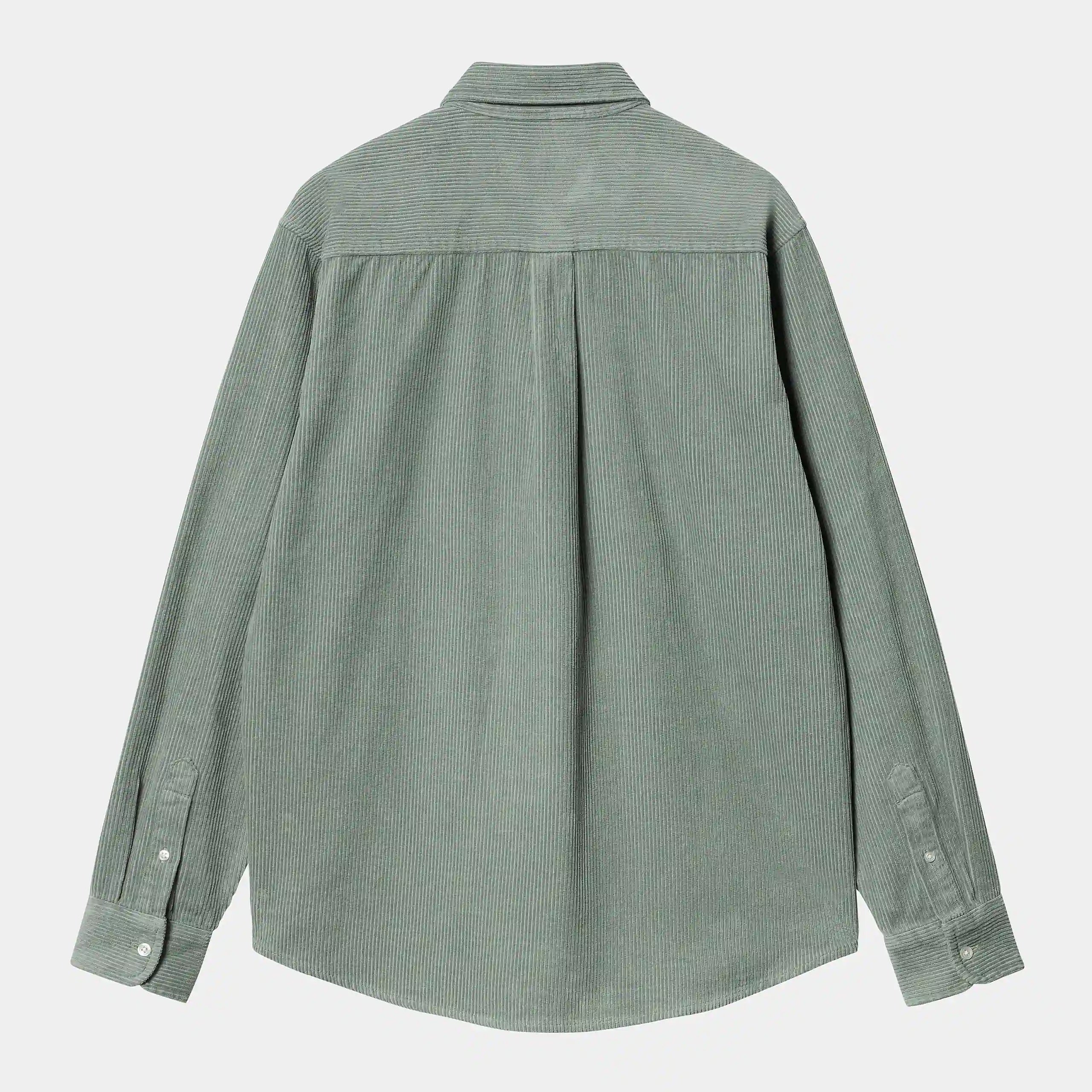 “Pastellgrünfarbenes ("Glassy Teal") Carhartt WIP L/S Madison Cord Shirt. Langärmliges Hemd aus geripptem Baumwollcord. Reguläre Passform, Knopfverschluss, zwei Brusttaschen und gewebtes Square Label.“