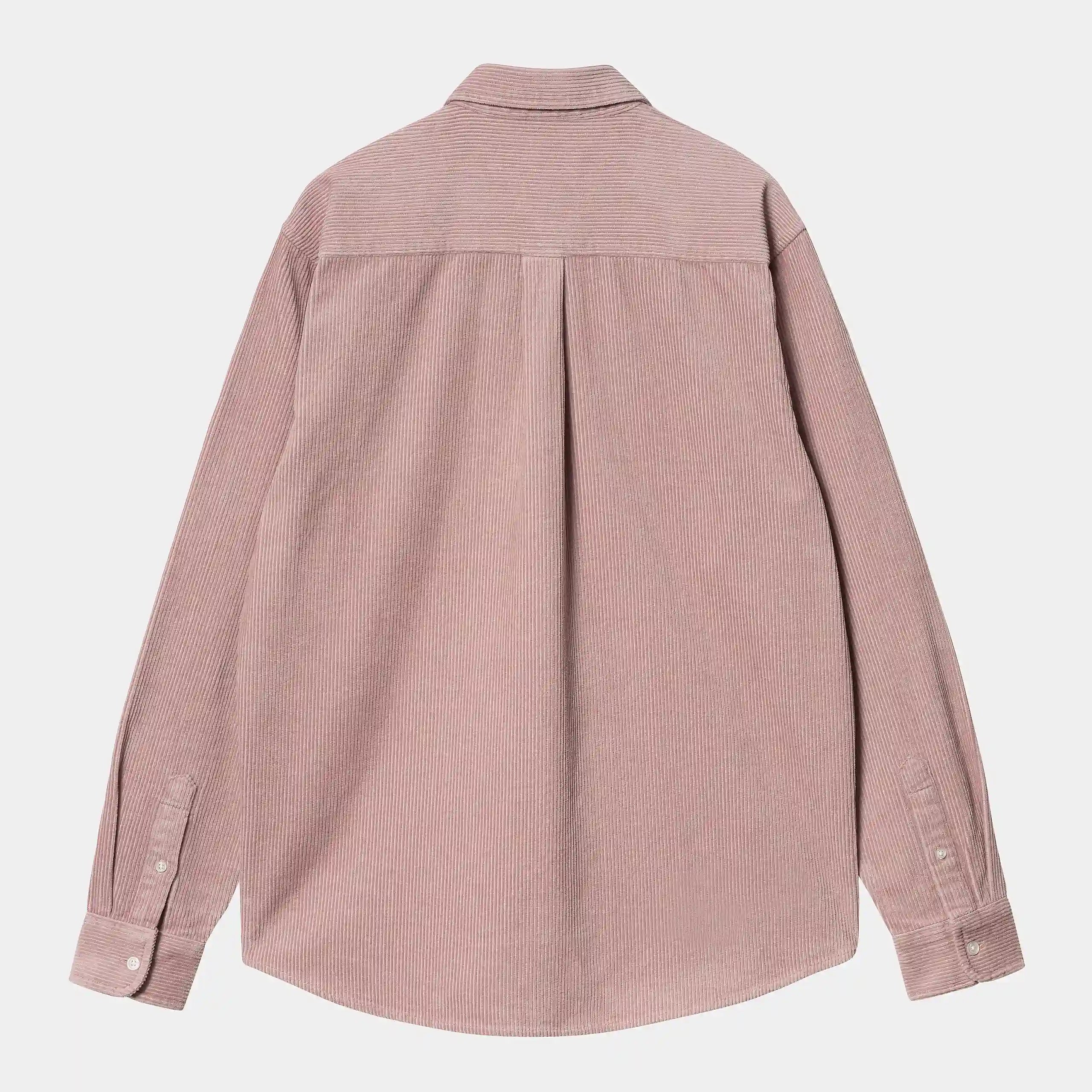 “Rosafarbenes ("Glassy Pink") Carhartt WIP L/S Madison Cord Shirt. Langärmliges Hemd aus geripptem Baumwollcord. Reguläre Passform, Knopfverschluss, zwei Brusttaschen und gewebtes Square Label.“