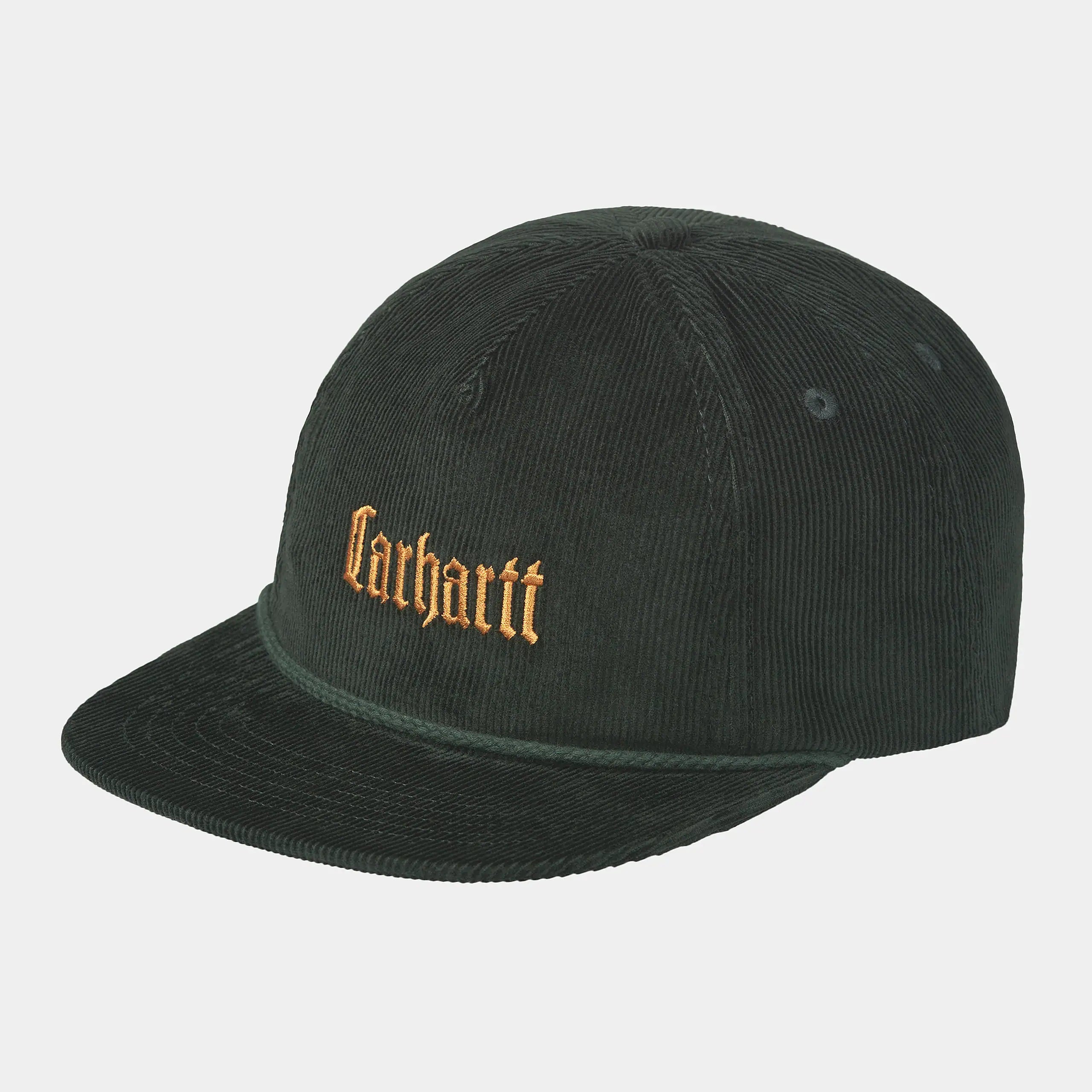 "Carhartt WIP Letterman Cap, Dark Cedar/Ochre (Dunkelgrün/Gelb), Wollmischung, Baseballkappe im Letterman-Stil mit Filzbuchstabe und verstellbarem Riemen."