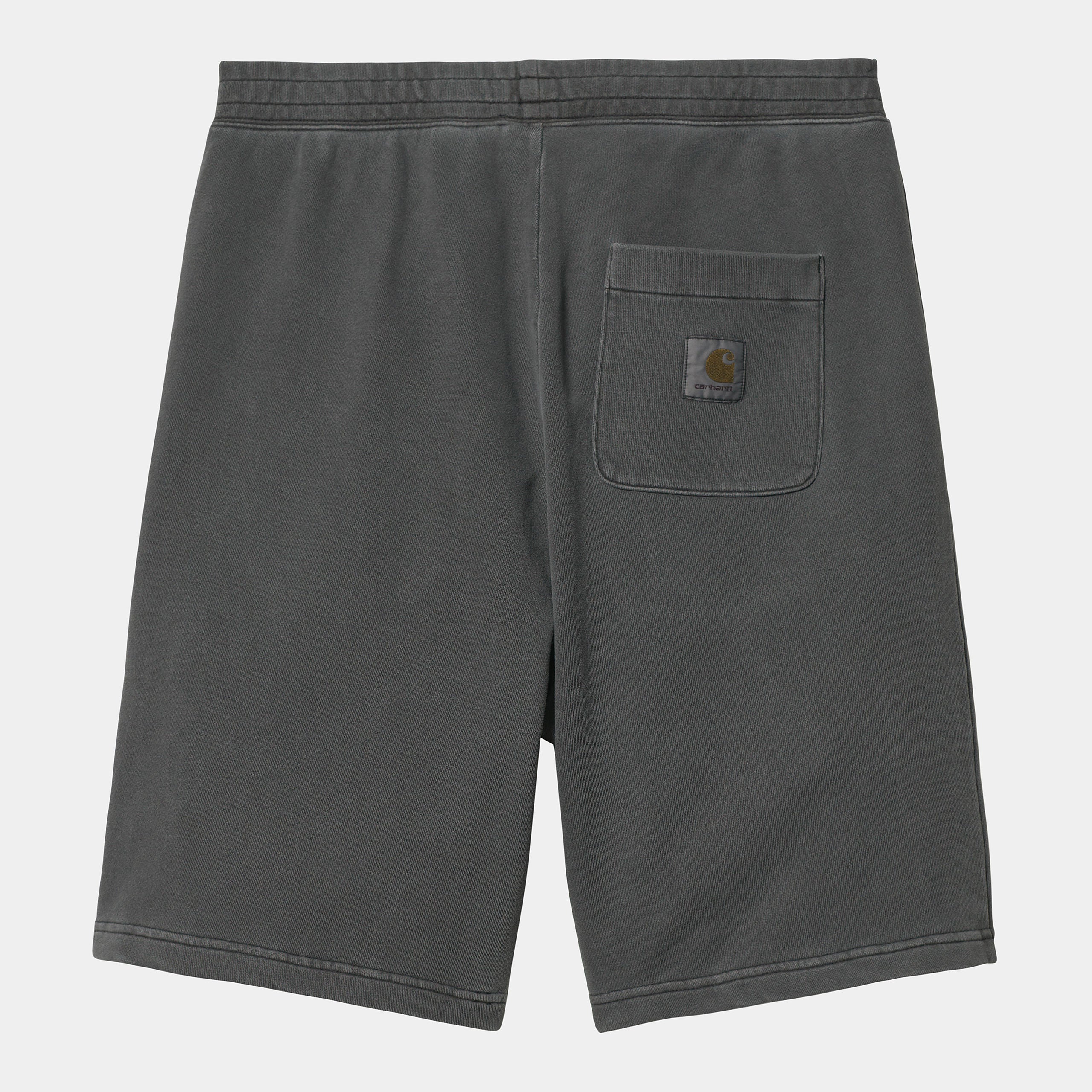 “Dunkelgraue ("Charcoal") Carhartt WIP Nelson Sweat Shorts. Kurze Herren-Sweathose aus weichem, stückgefärbtem Baumwolljersey. Lockere Passform, elastischer Bund mit Kordelzug, zwei Seitentaschen und eine Gesäßtasche mit gewebtem Logo-Etikett. Bequeme Freizeithose.“
