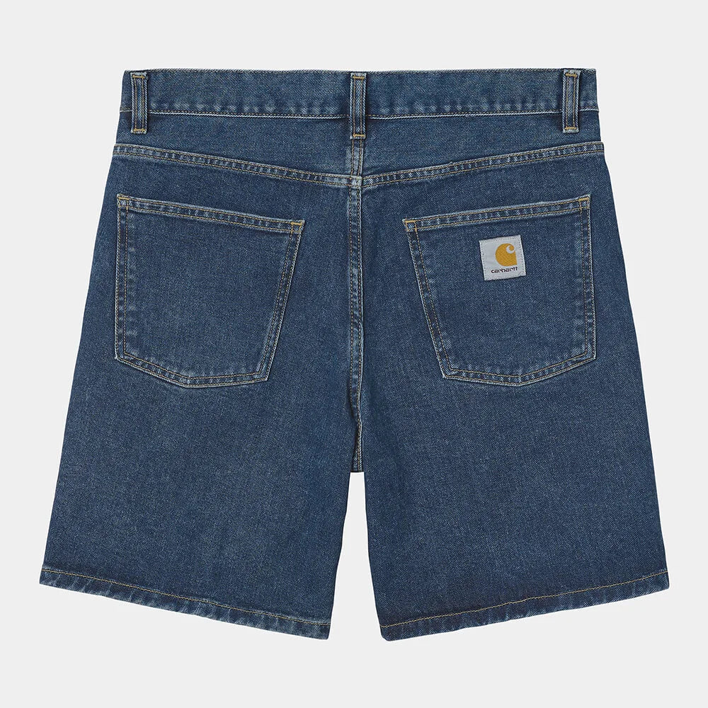 "Carhartt Newel Short in Blue (Stone Washed), Baumwolle, lockere Passform, klassische Jeans-Shorts mit leichtem Used-Look."