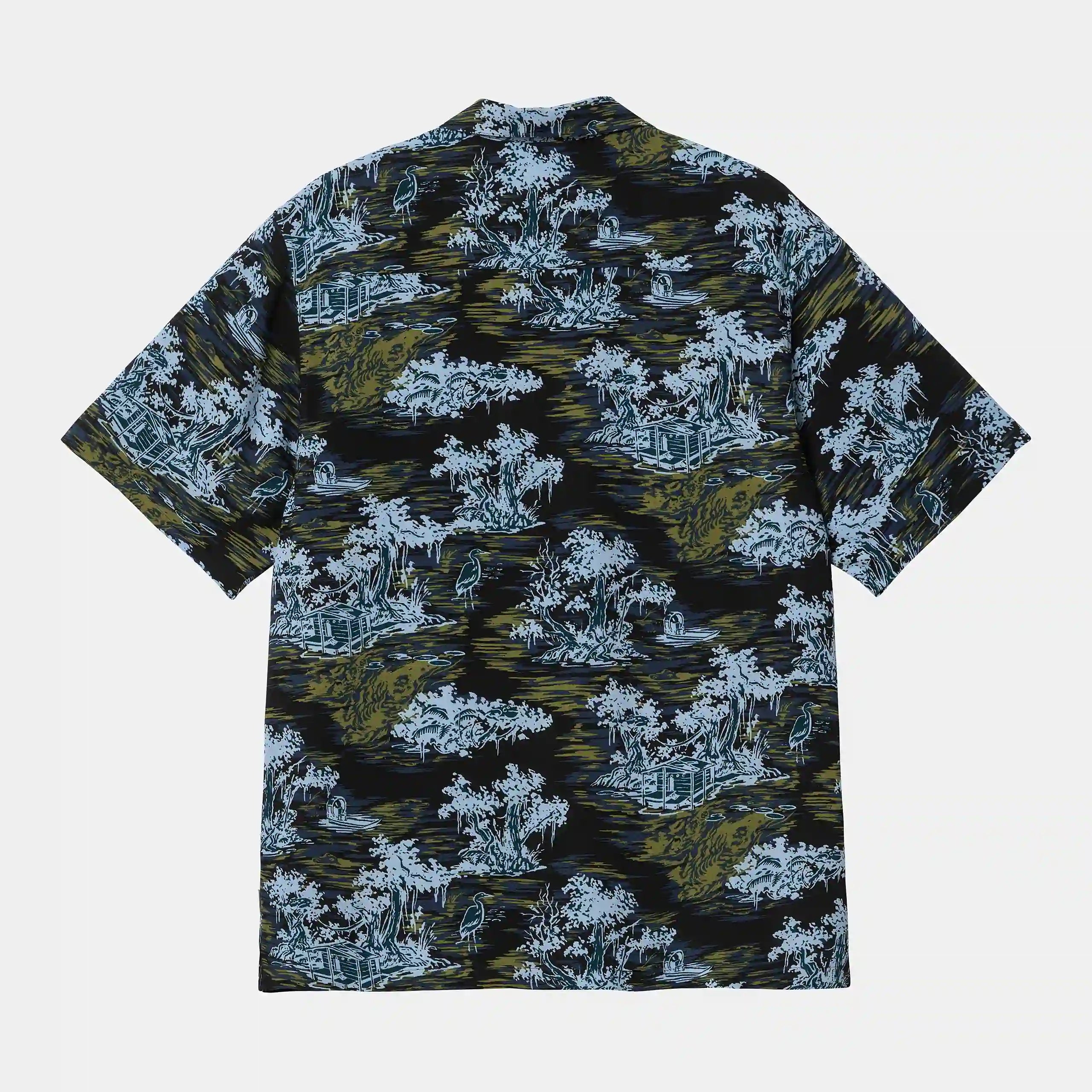 “Schwarzes Carhartt WIP S/S Bayou Shirt mit "Bayou Print". Kurzärmliges Hemd aus Baumwoll-Popeline, mit Resort-Kragen und durchgehendem Muster in Hellblau und Grün.“