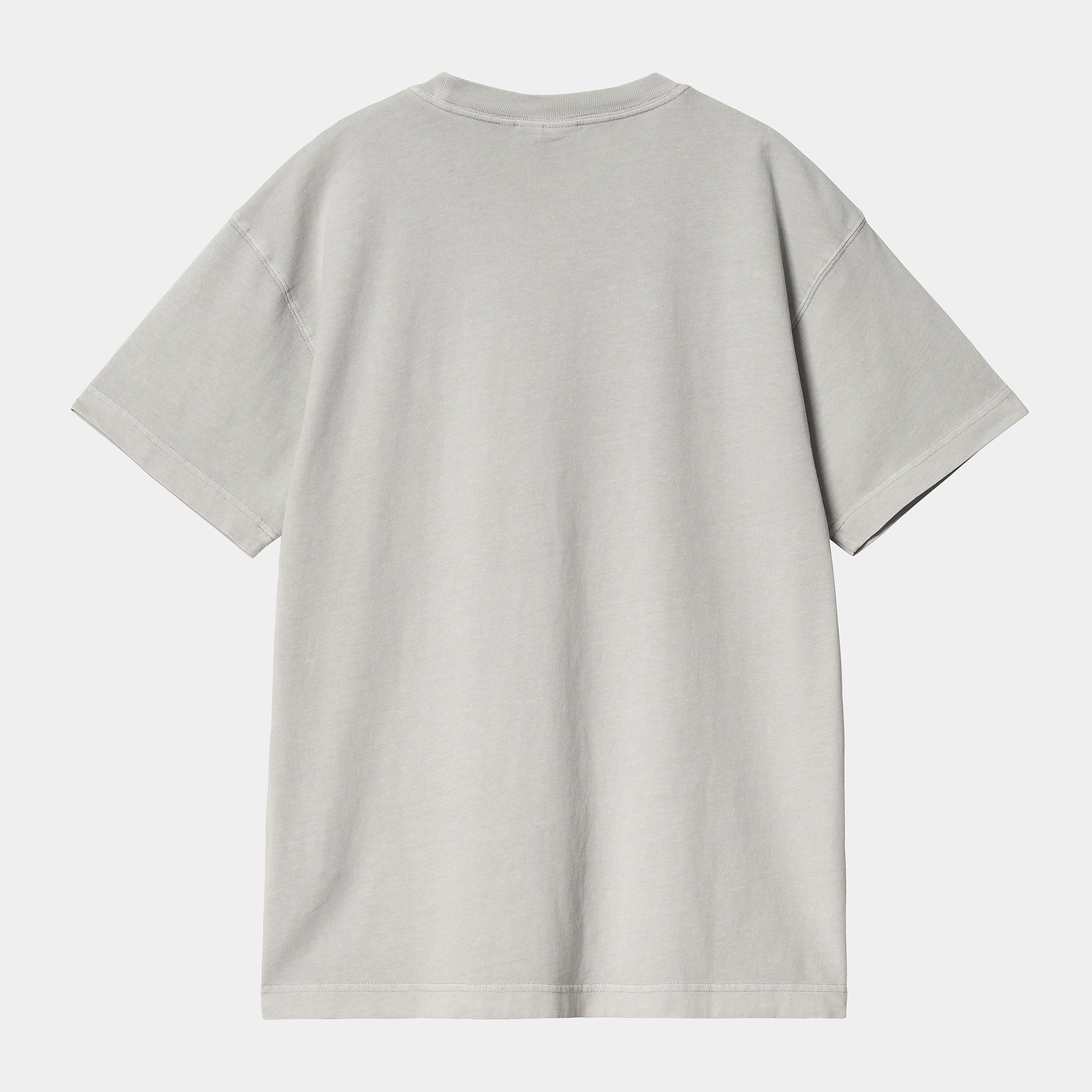 "Helles, silbergraues ("Sonic Silver") Carhartt WIP S/S Nelson T-Shirt. Kurzärmliges Herren-T-Shirt aus weichem, stückgefärbtem Baumwolljersey. Lockere Passform, gerippter Rundhalsausschnitt, kleines gewebtes Carhartt Square Label auf der Brust. Bequemes Basic für jeden Tag."
