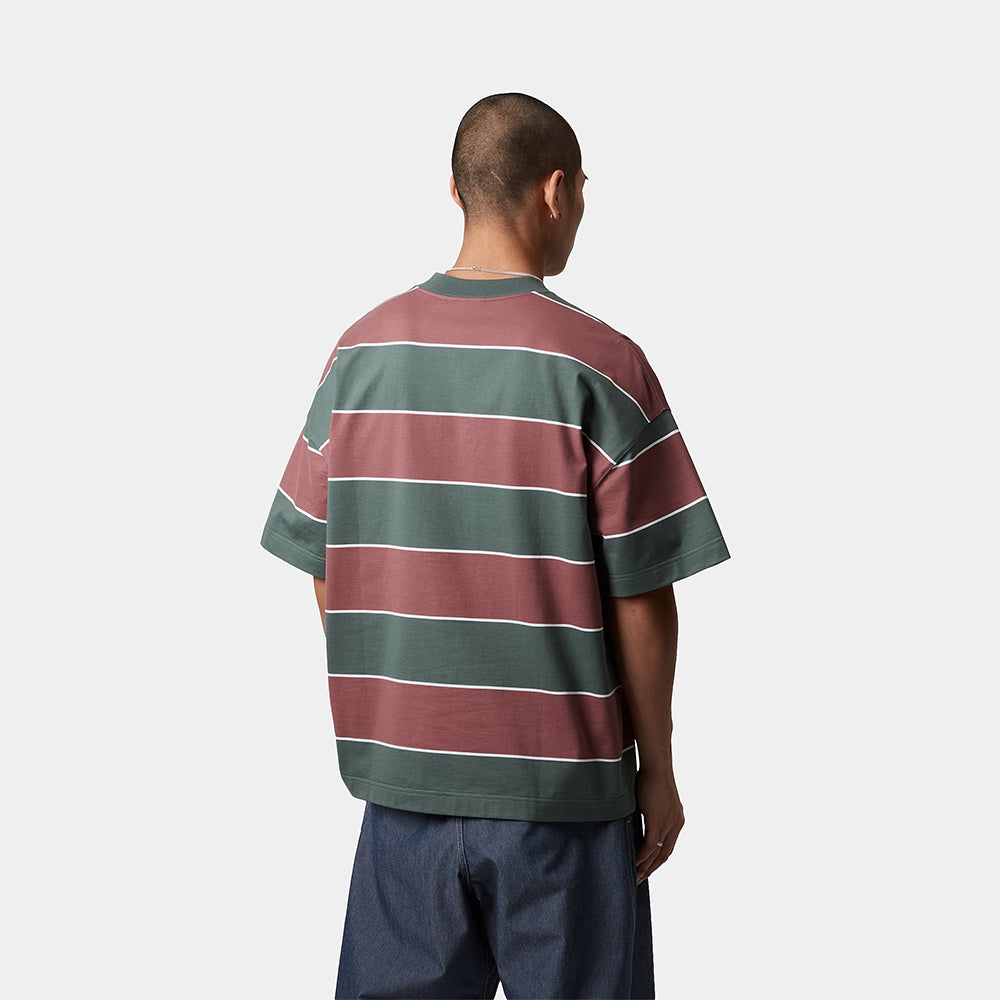 "Carhartt Quinby T-Shirt, Quinby Streifen in Weinrot-Kiefergrün, I034488_2Q2_XX, Carhartt T Shirt aus Baumwolle, Kurzarm, gestreiftes Design."